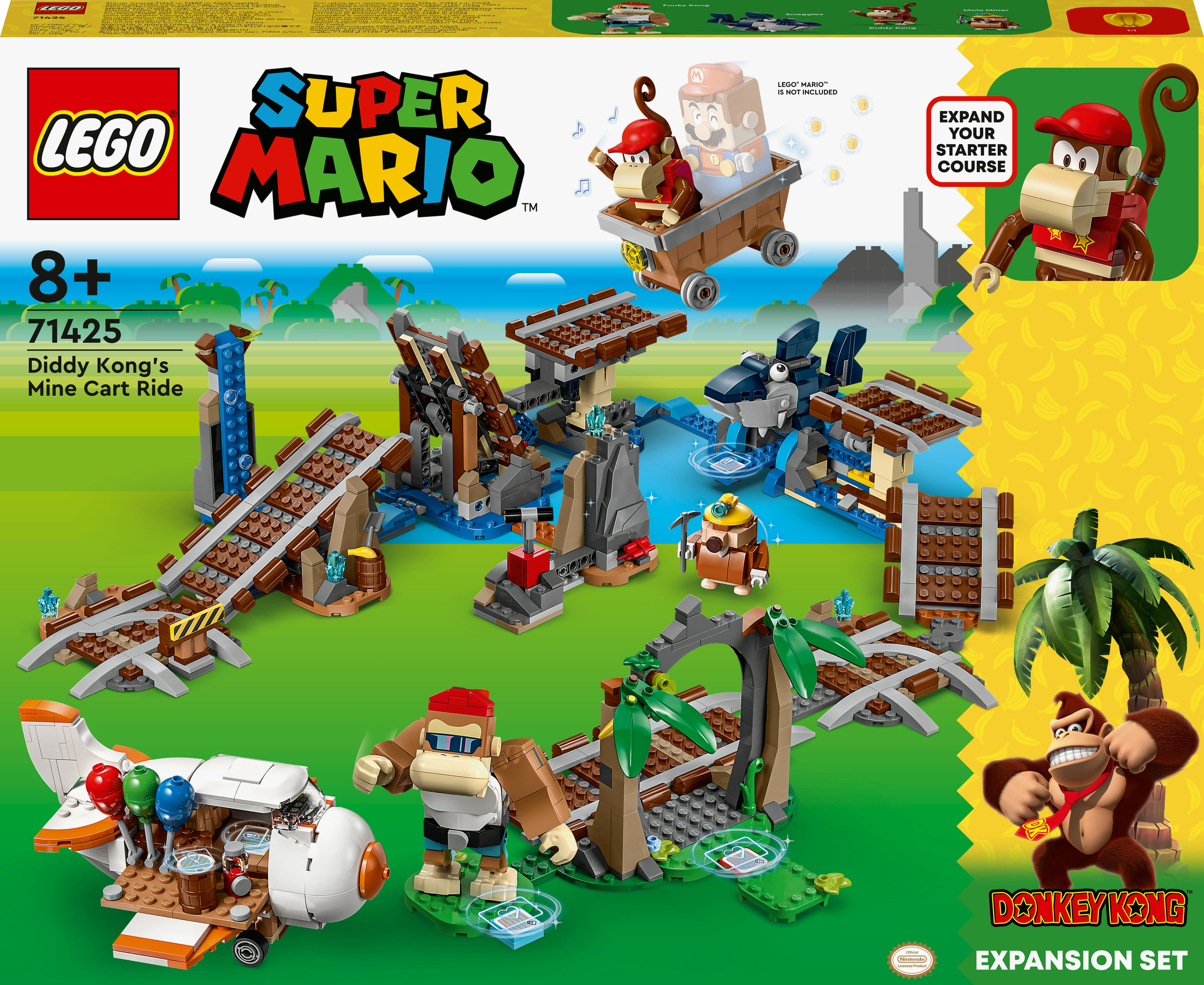 LEGO Super Mario set: Diddy Kong's Mijnkar Ride. Met mijnkar, personages en diverse spelelementen.