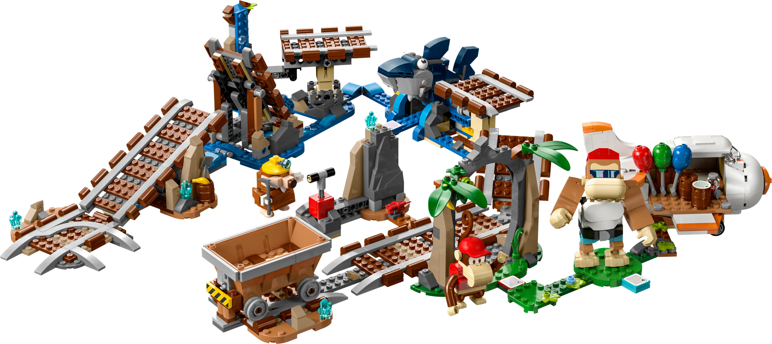 Lego Donkey Kong set met diverse elementen: mijnkar, baan en Donkey Kong figuur.