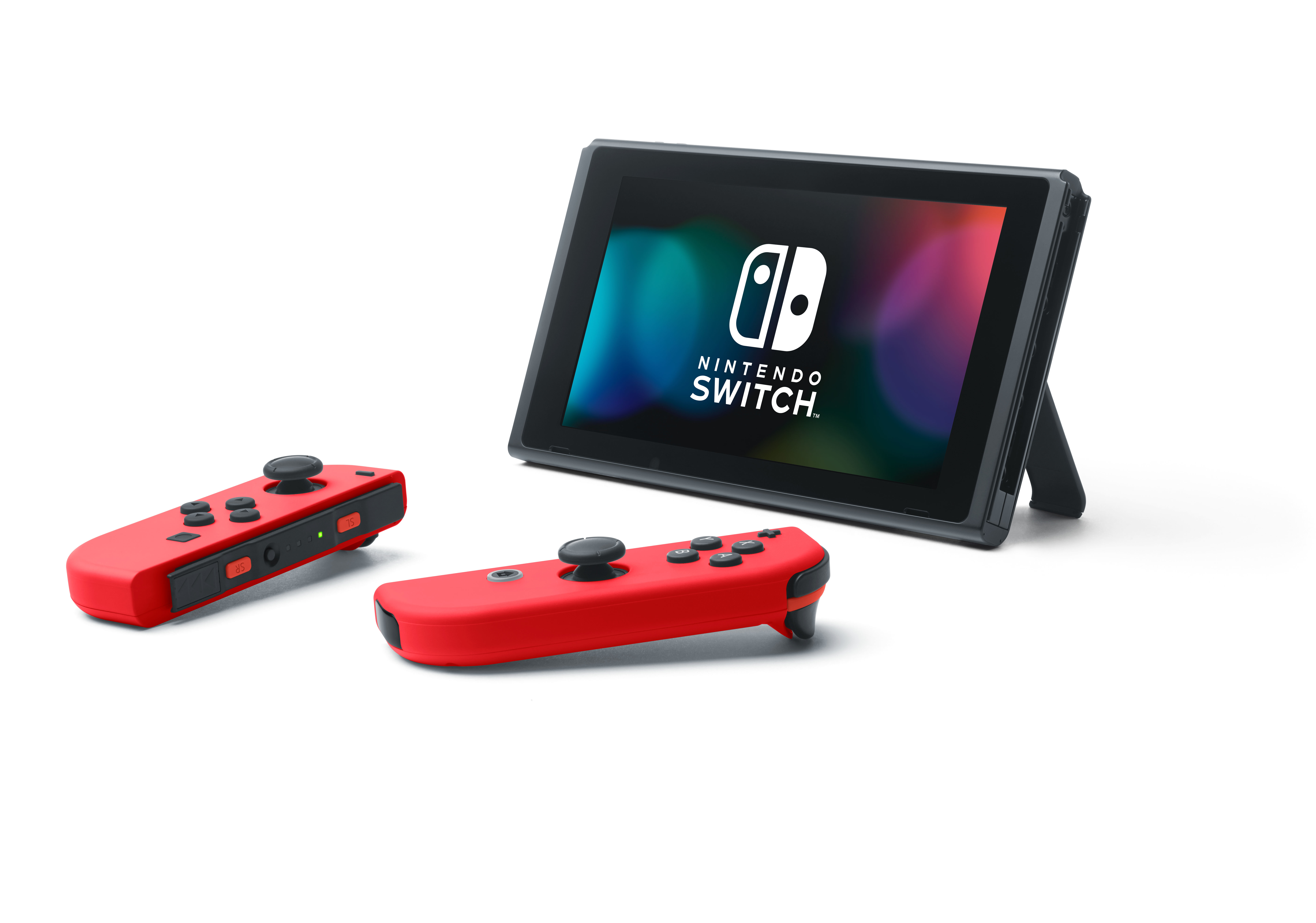 Consola Nintendo Switch con mandos Joy-Con rojos, sobre fondo blanco.