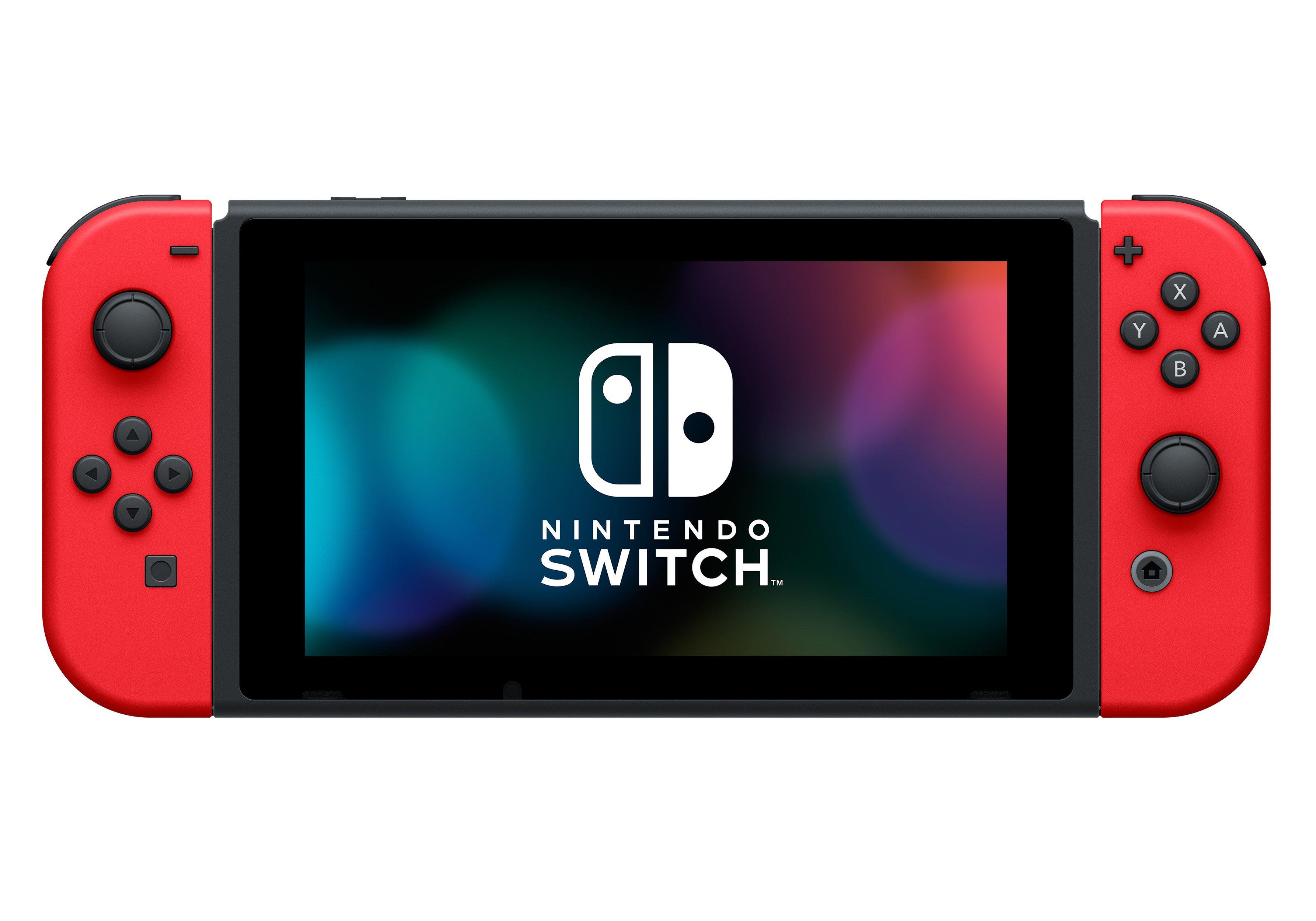 Consola Nintendo Switch roja y negra, mostrando el logotipo en su pantalla. Joy-Cons rojos.