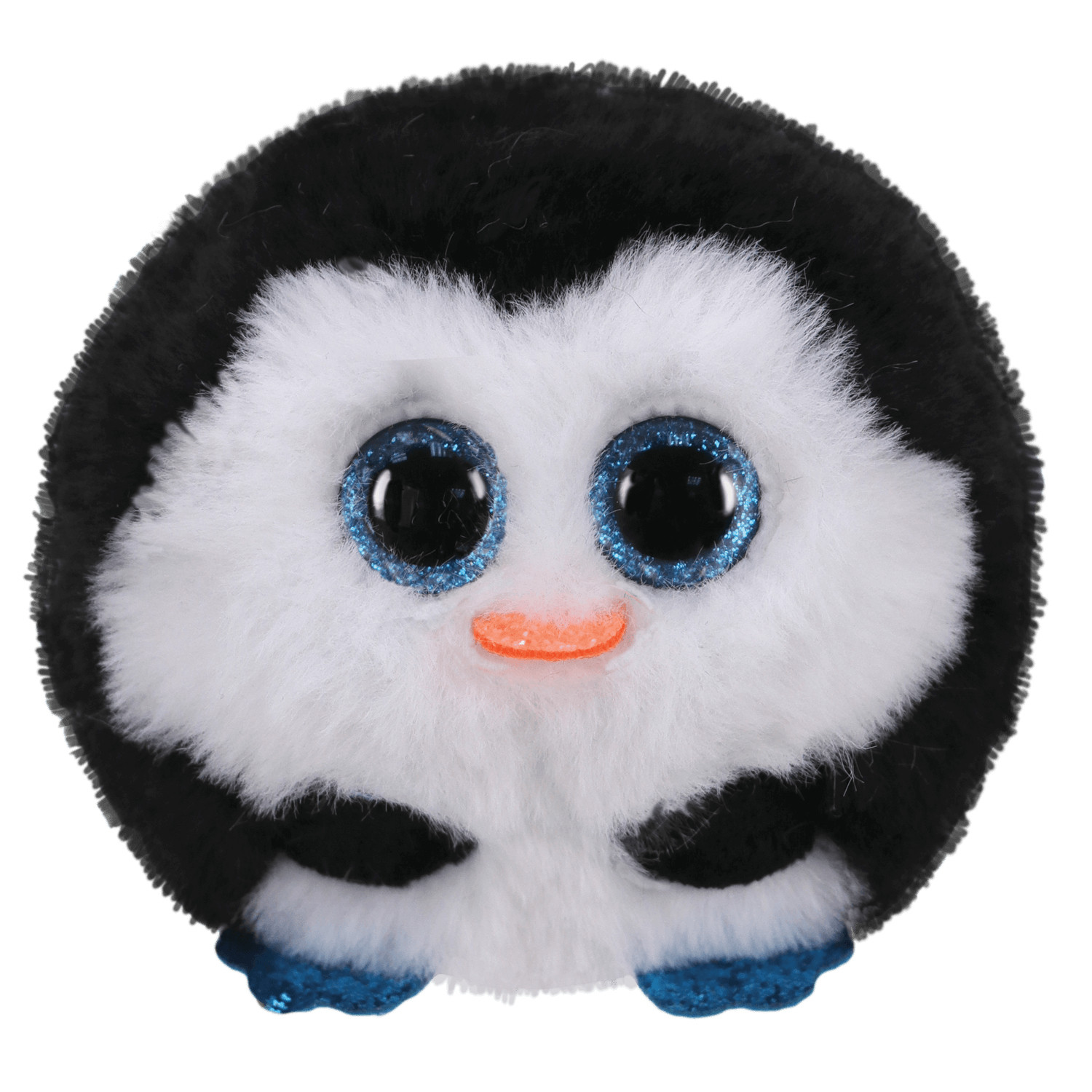 A plush penguin toy with black and white fur, blue eyes and feet. The toy has an orange beak.