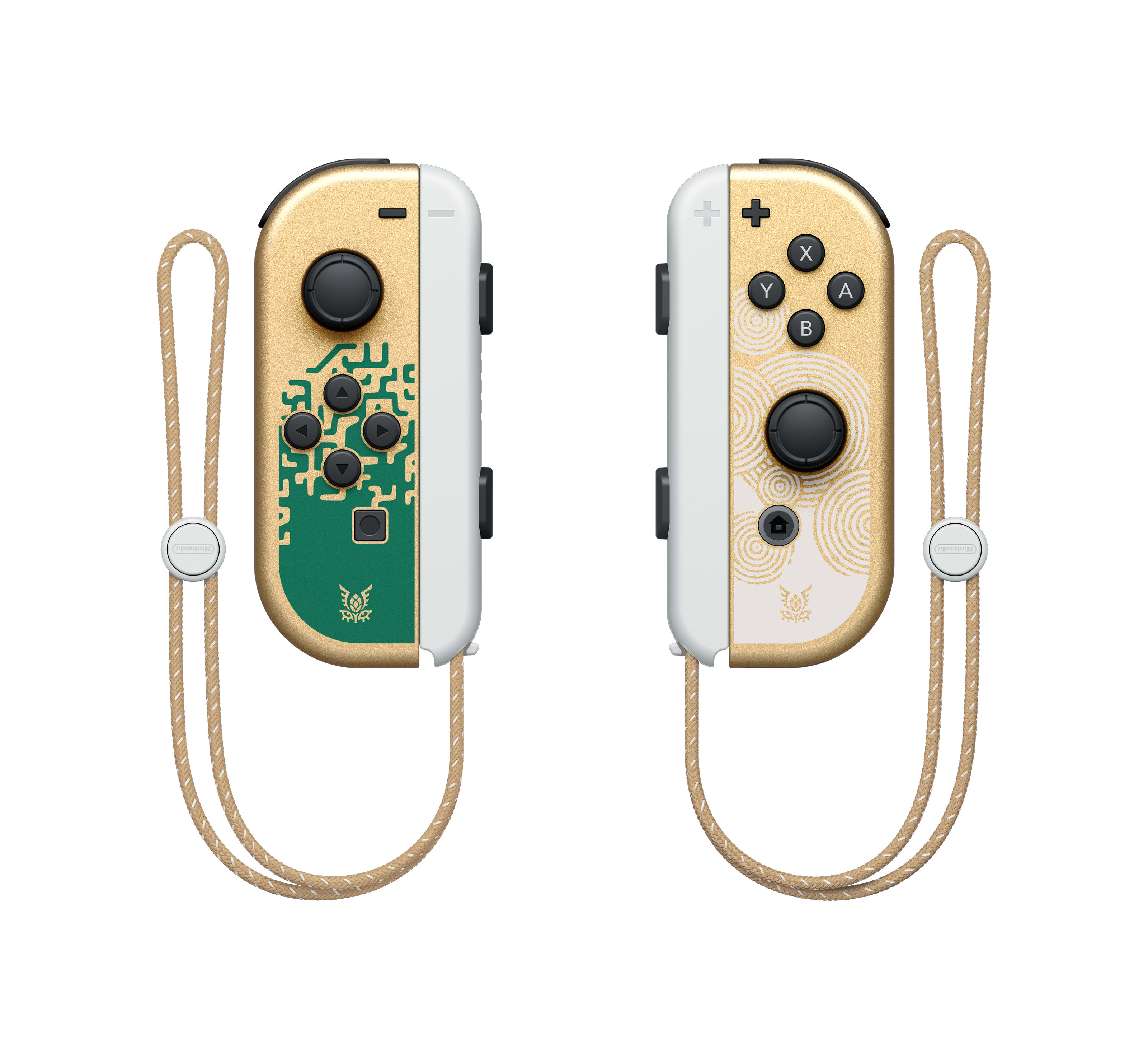 Zwei gold-weiße Nintendo Switch-Controller mit beigefarbenen Riemen. Einer hat Knöpfe, der andere ein Steuerkreuz.