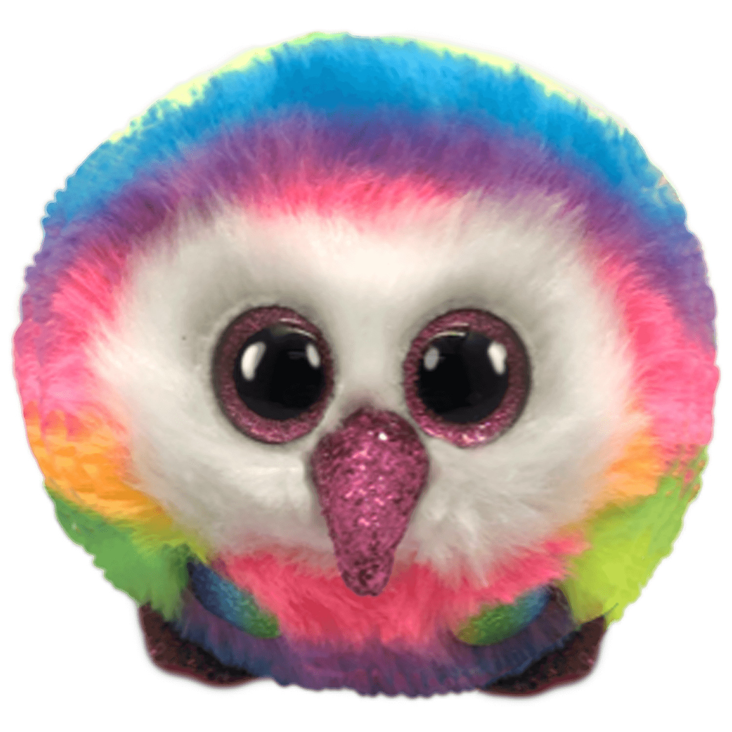 Ein farbenfrohes, flauschiges Eulen-Spielzeug mit großen Augen und einem rosa Schnabel.