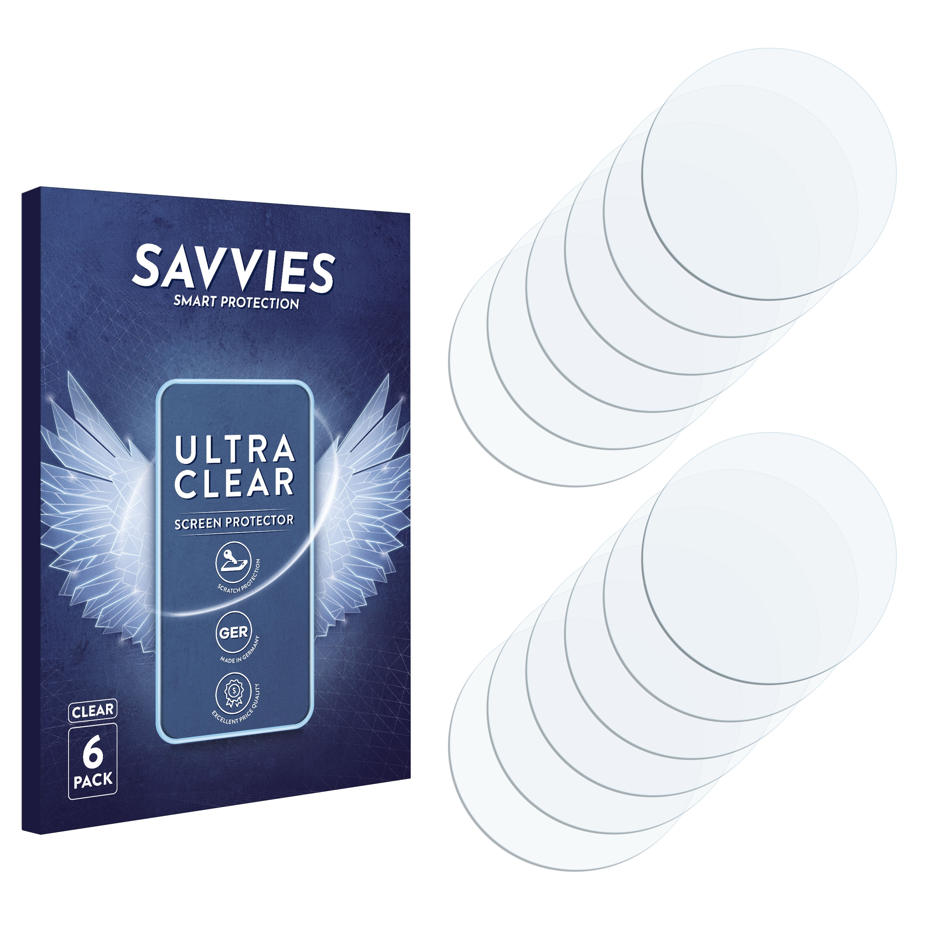 Eine Schachtel mit Savvies-Displayschutzfolien und ein Stapel klarer Displayschutzfolien.