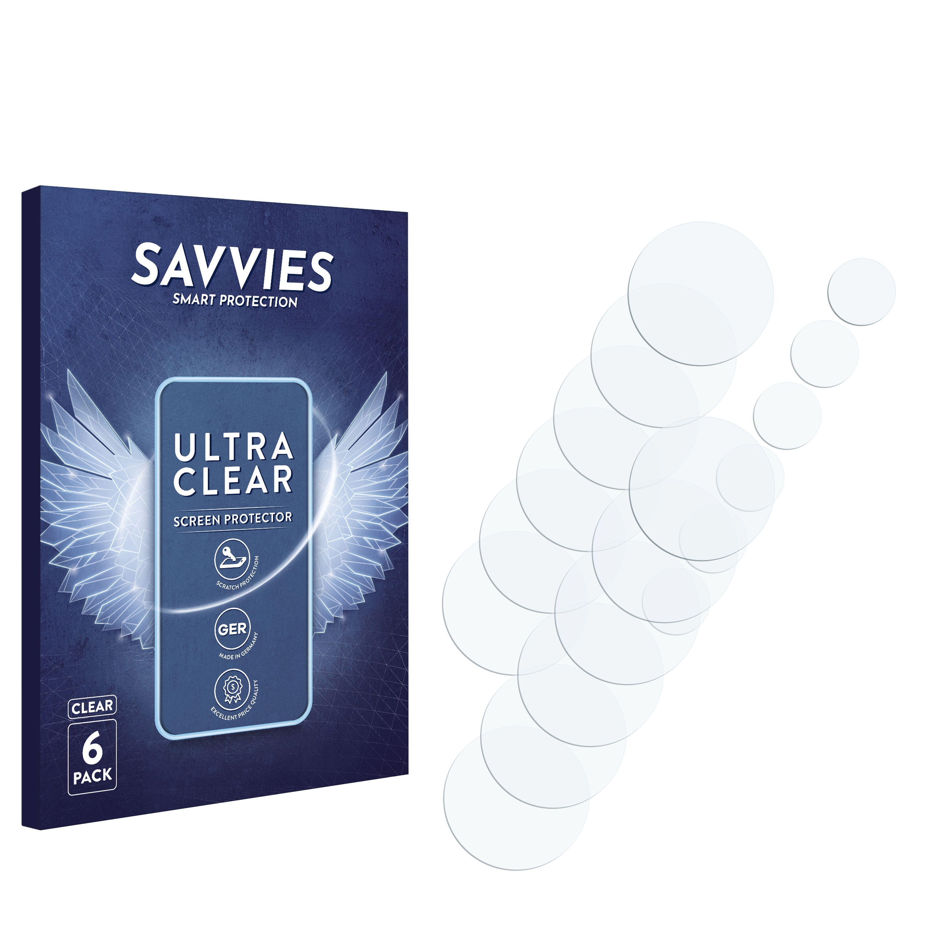 Eine Displayschutzfolienbox und ein Satz klarer, runder Displayschutzfolien.