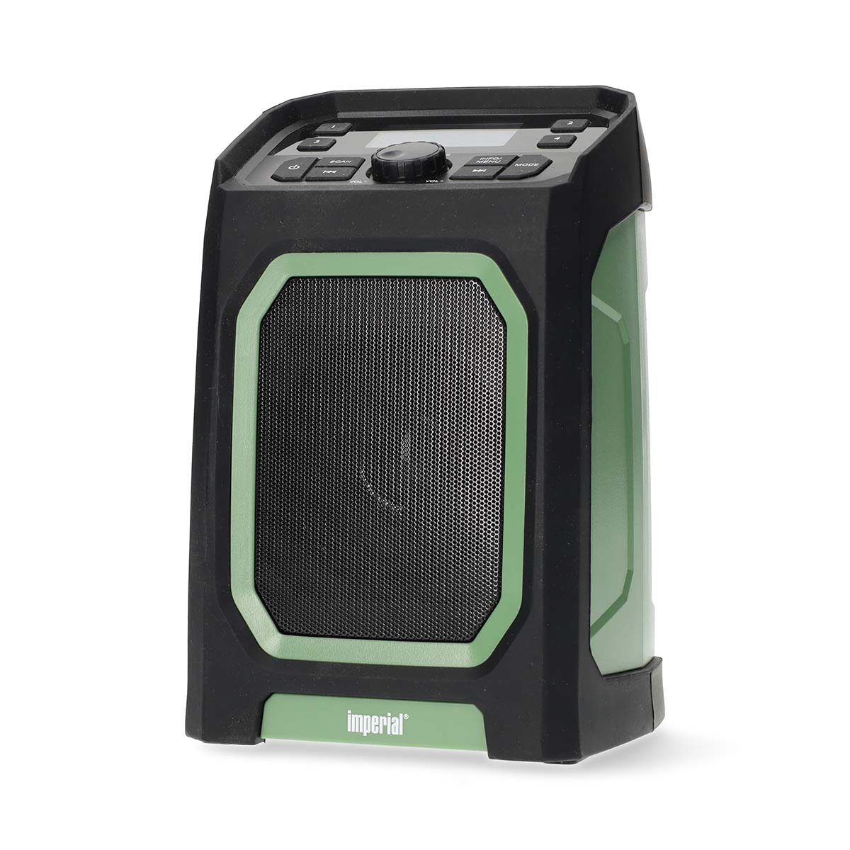 Un altavoz negro y verde. Tiene una parte delantera de malla negra y un marco verde.
