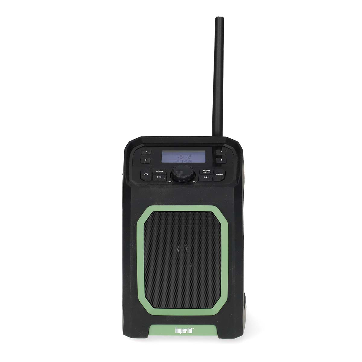 Radio negro y verde, con antena, botones y altavoz, sobre fondo blanco.