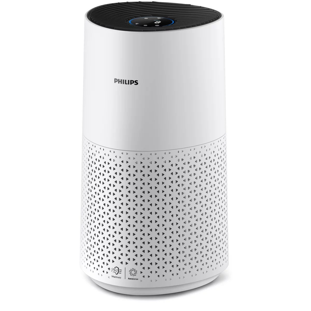 Un purificador de aire Philips blanco con parte superior negra y sección inferior estampada.