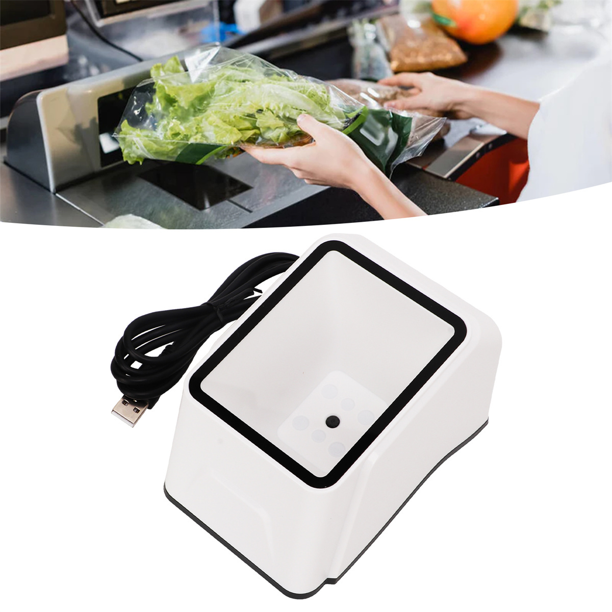 Ein weißer Barcodescanner mit schwarzem Kabel und eine Person, die Produkte verpackt.