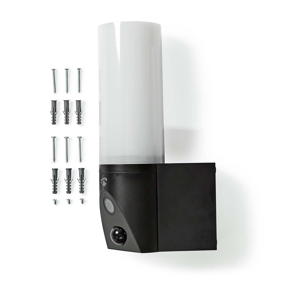 Czarna zewnętrzna lampa ścienna z cylindrycznym światłem i czarną kwadratową podstawą, ze śrubami.