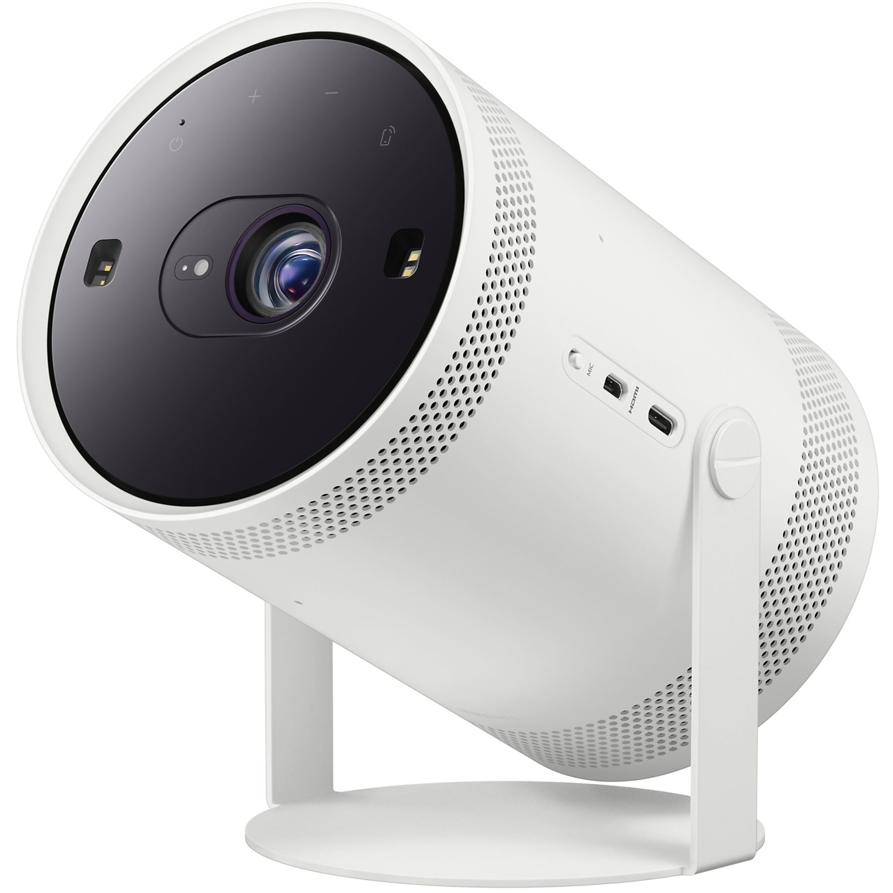 Witte cilindrische projector met zwarte lens. Op een wit oppervlak.