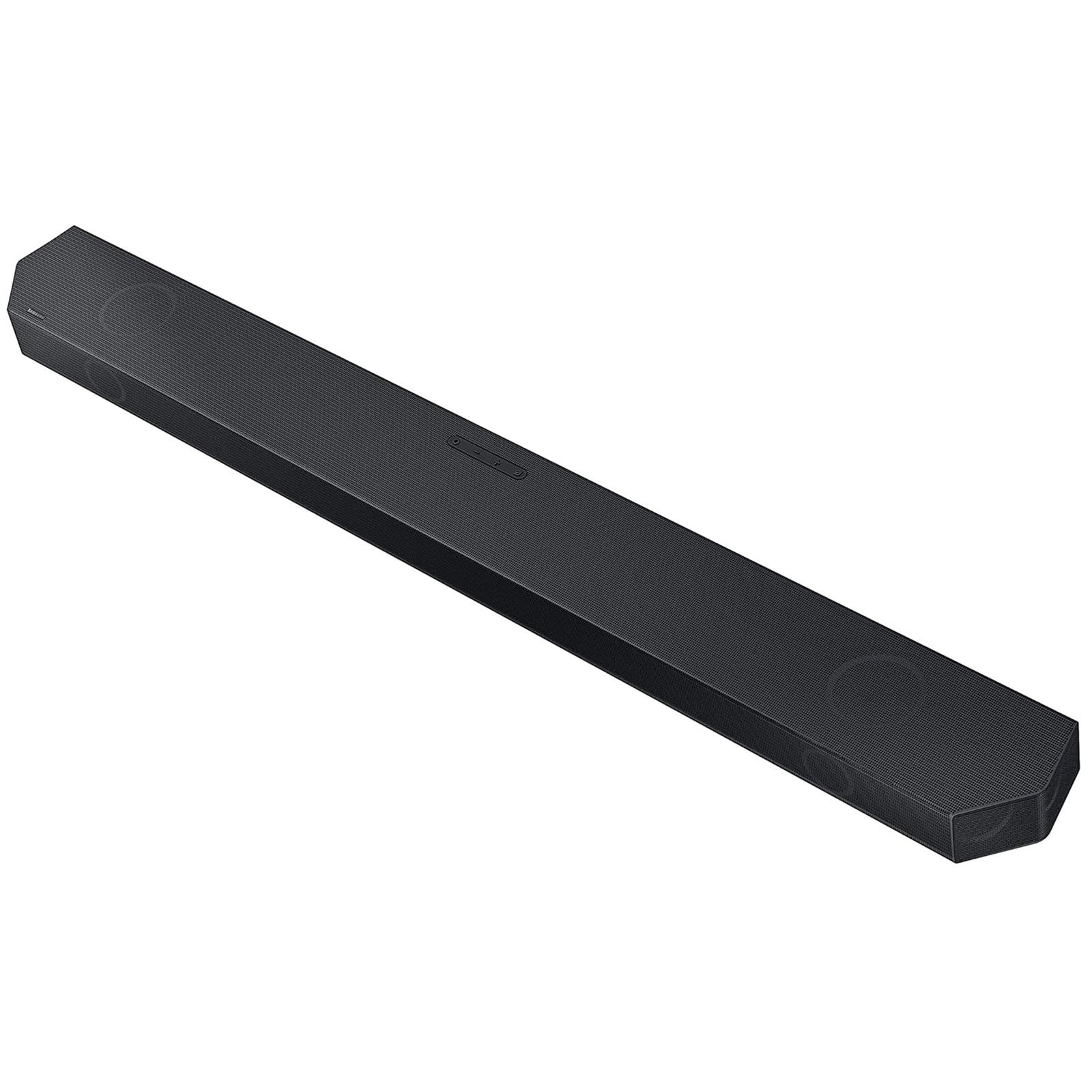 Schwarze Soundbar abgewinkelt, Ober- und Vorderseite zeigend, auf weißem Grund.