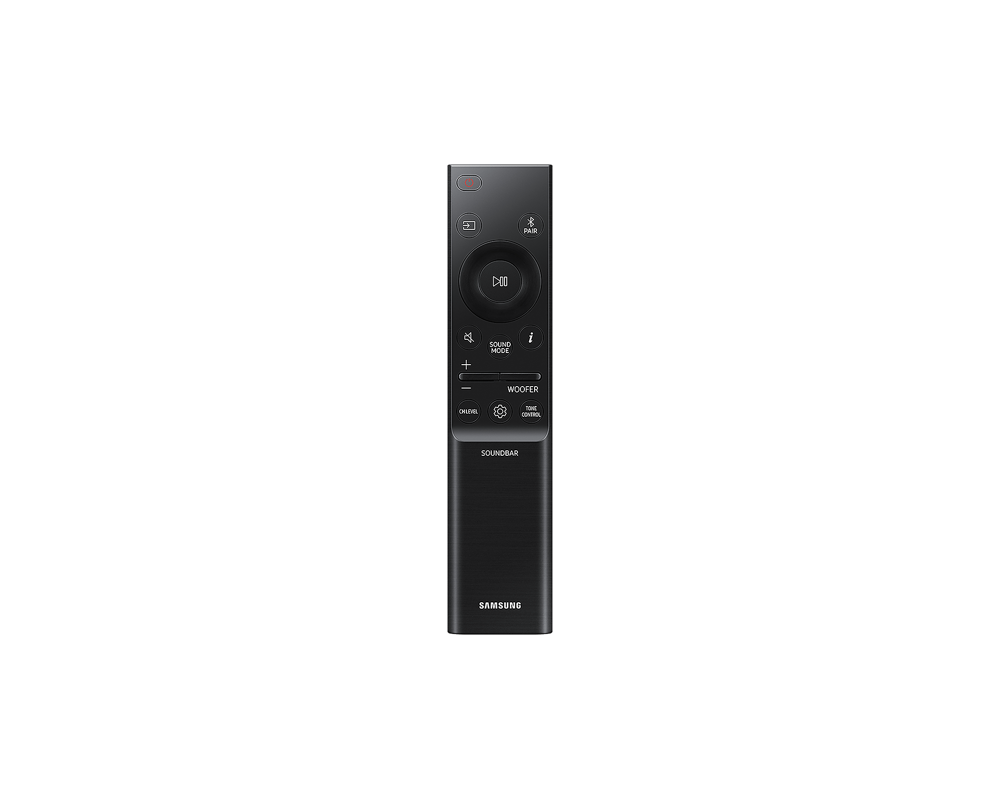 Mando a distancia negro de barra de sonido Samsung, botones visibles, sobre negro.