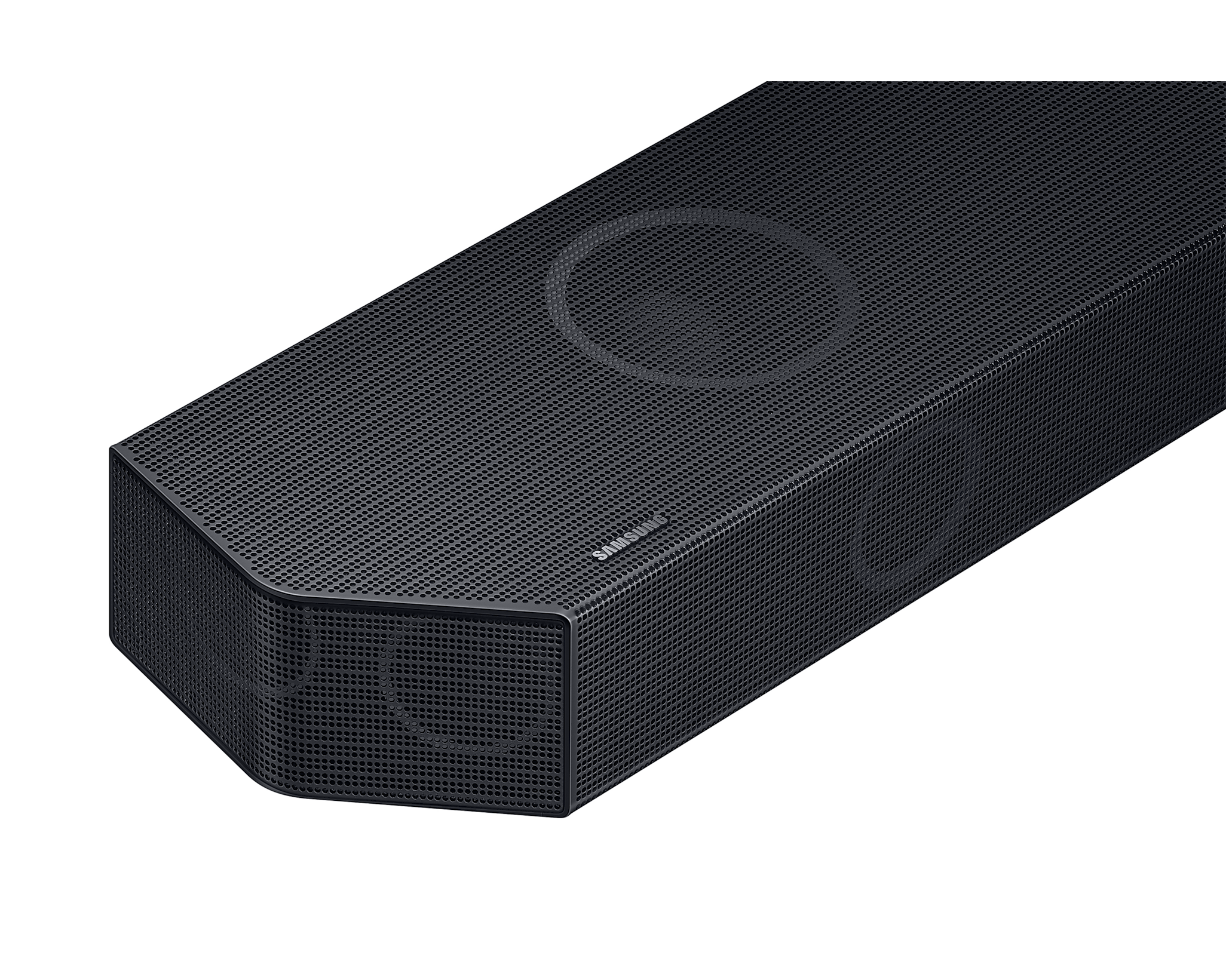Eine schwarze Soundbar mit Mesh-Front, zeigt das Samsung-Logo.