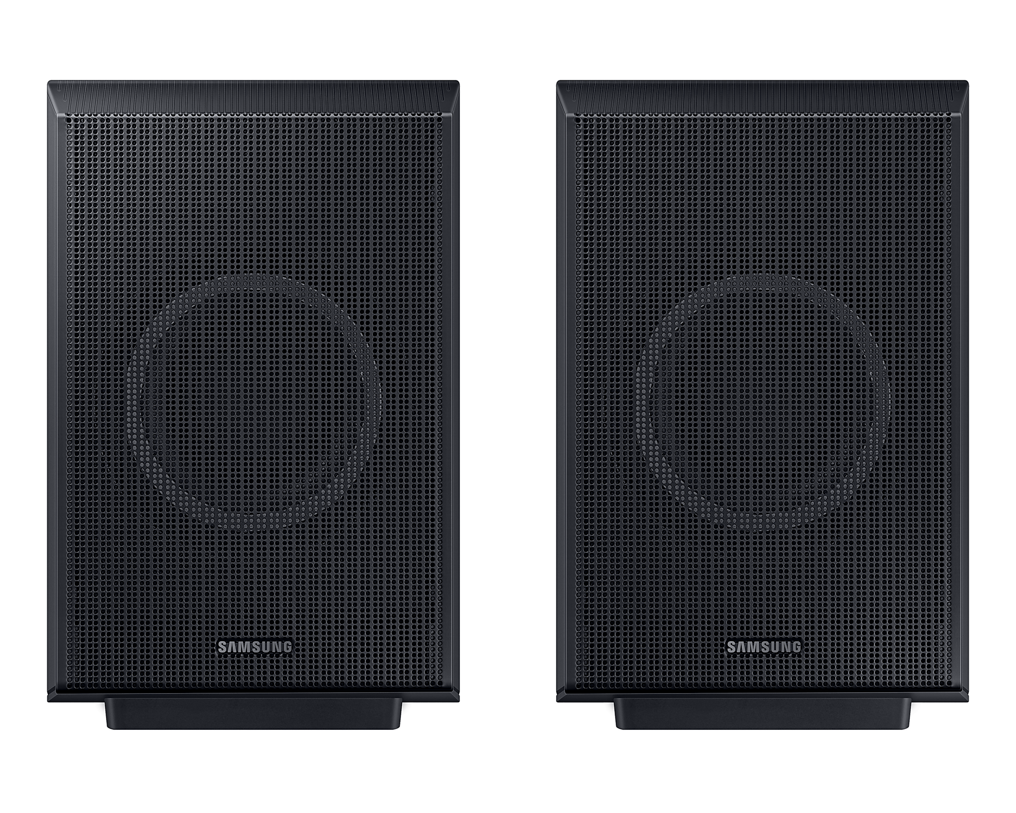 Zwei schwarze Lautsprecher mit einem Mesh-Front, mit dem Samsung-Logo.