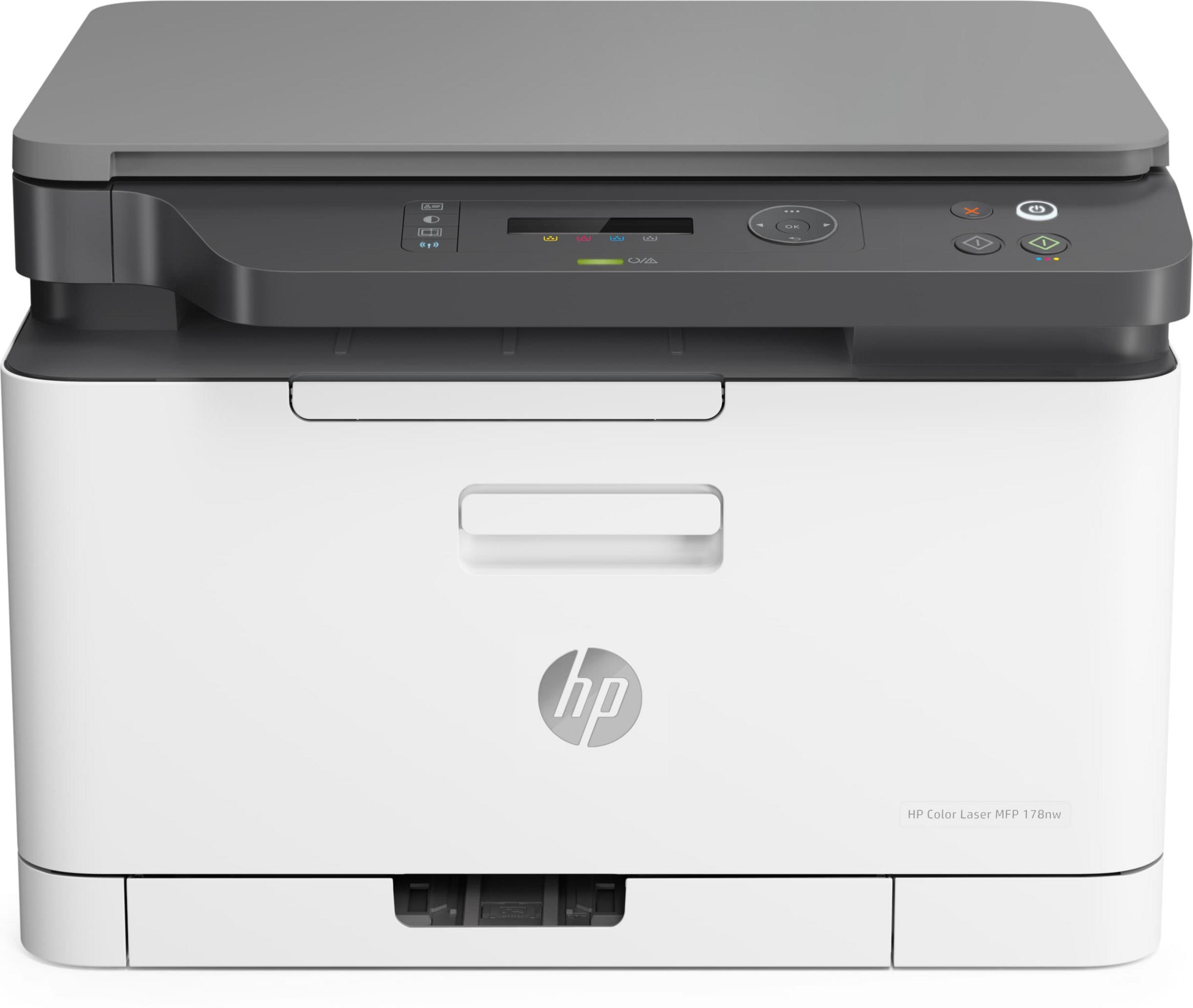 Biało-szara kolorowa drukarka laserowa HP, model MFP 178nw, z logo HP.