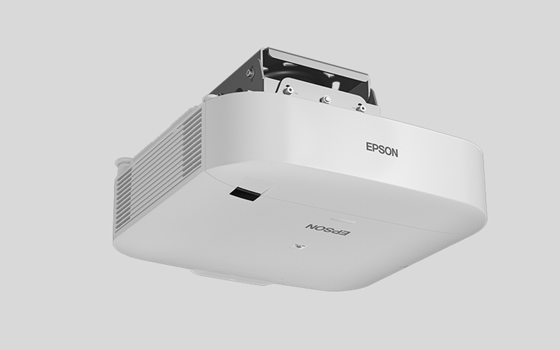 Ein weißer Epson-Projektor, umgedreht montiert, mit sichtbarem Epson-Logo.