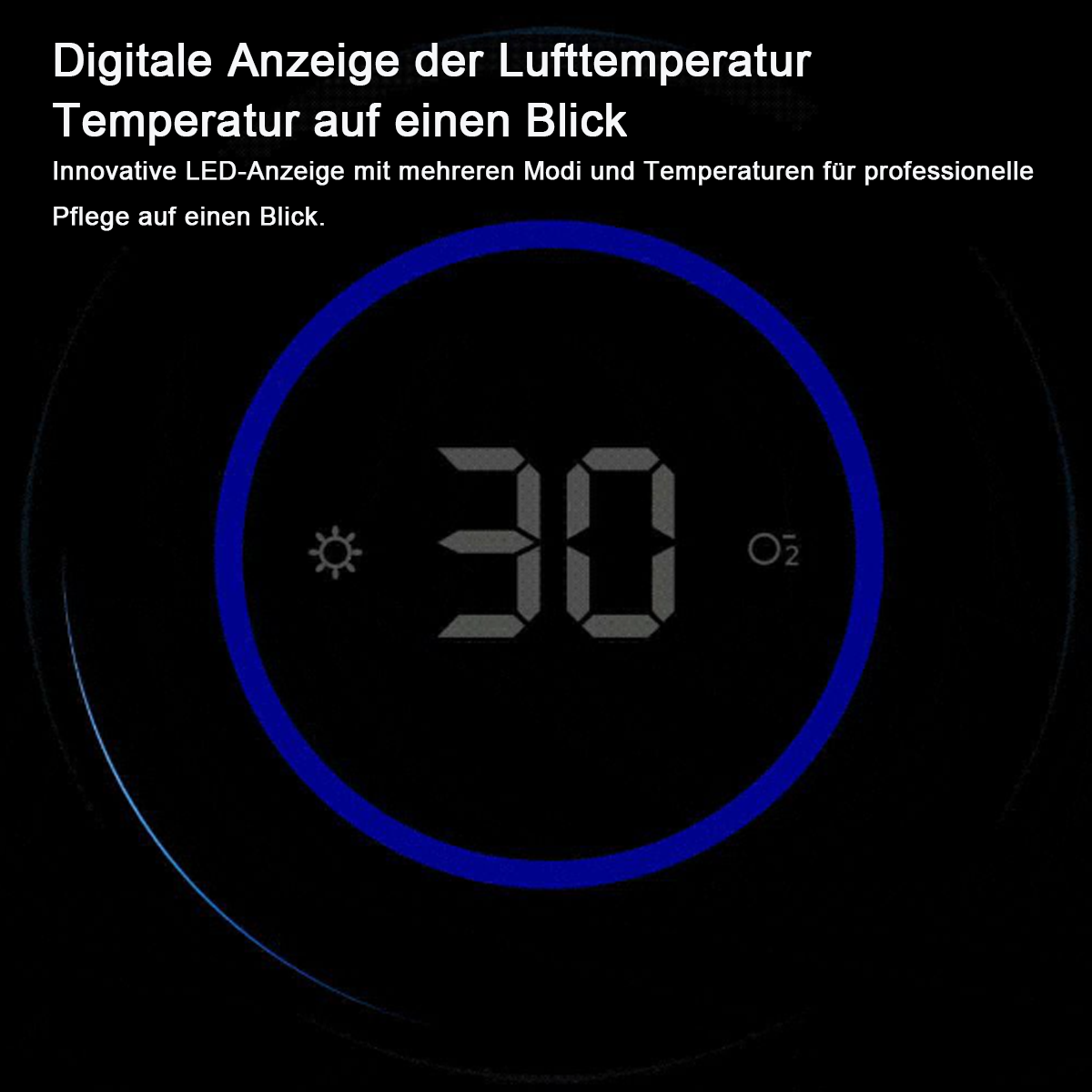 Eine digitale Anzeige mit blauem Ring zeigt die Zahl 30 und das O2-Symbol. Text darüber.