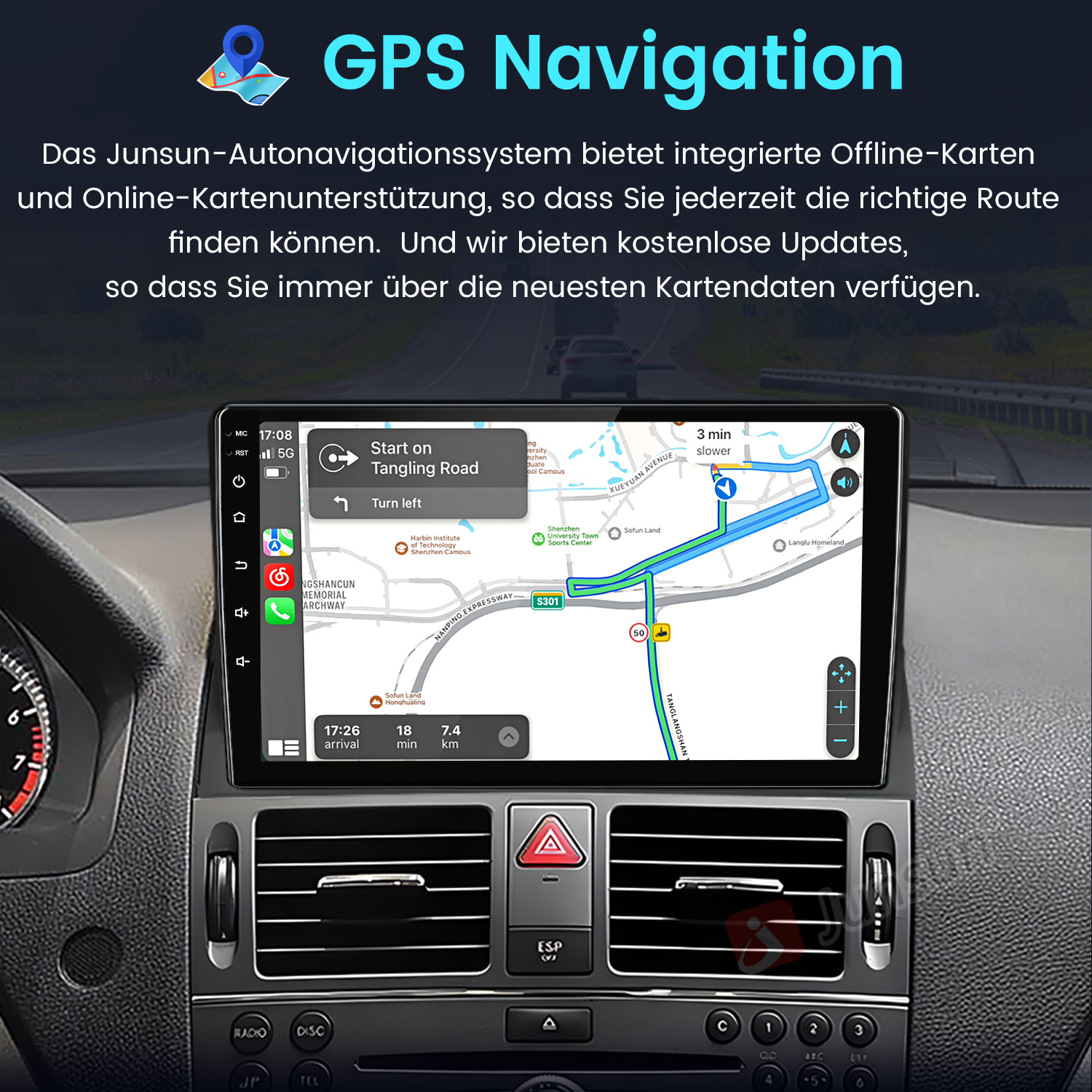 Bildschirm des Navigationssystems im Auto mit Karte, Wegbeschreibung und Benutzeroberfläche.