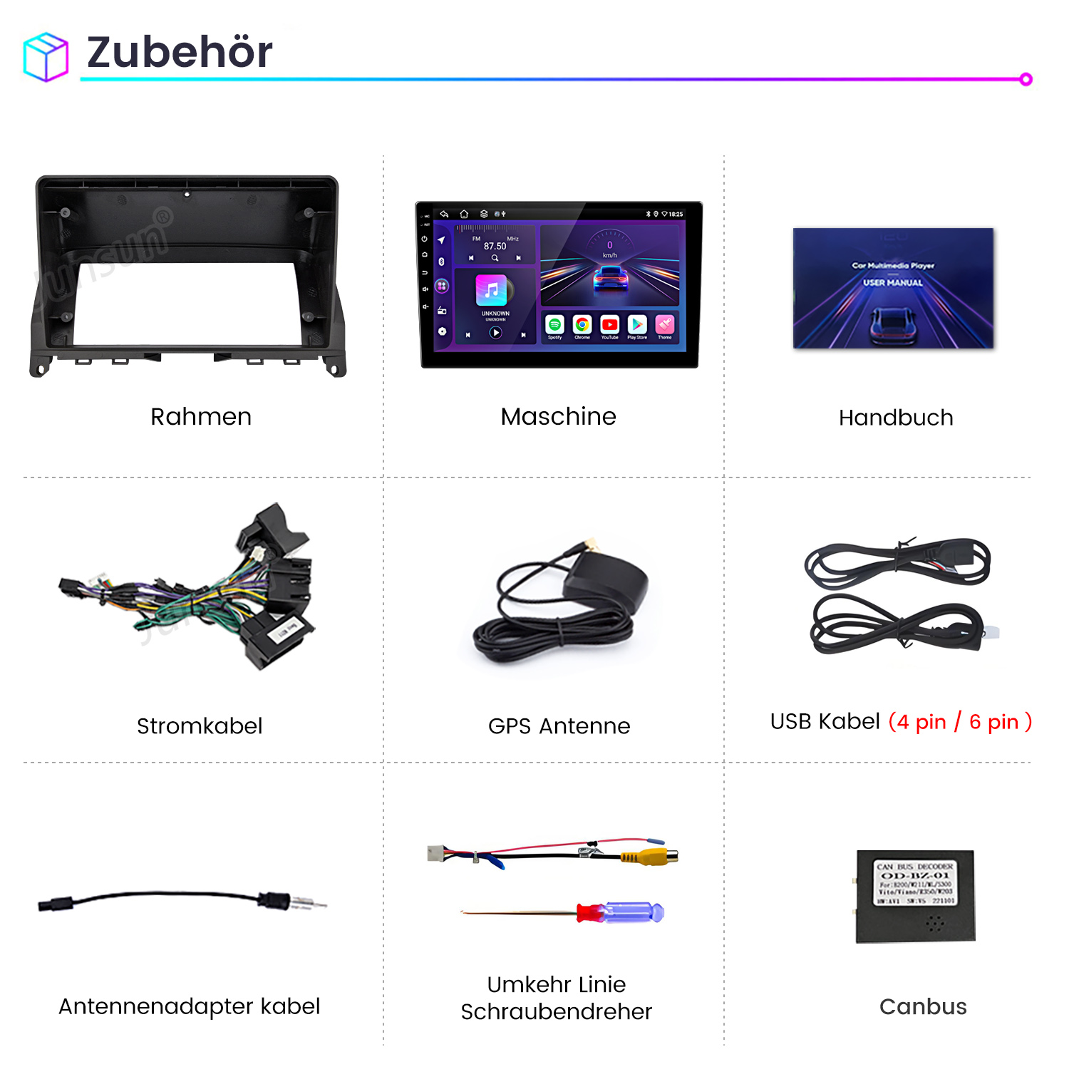 Verschiedenes Zubehör für Auto-Multimedia, einschließlich Rahmen, Bildschirm, Kabeln, Antenne und Schraubendreher.