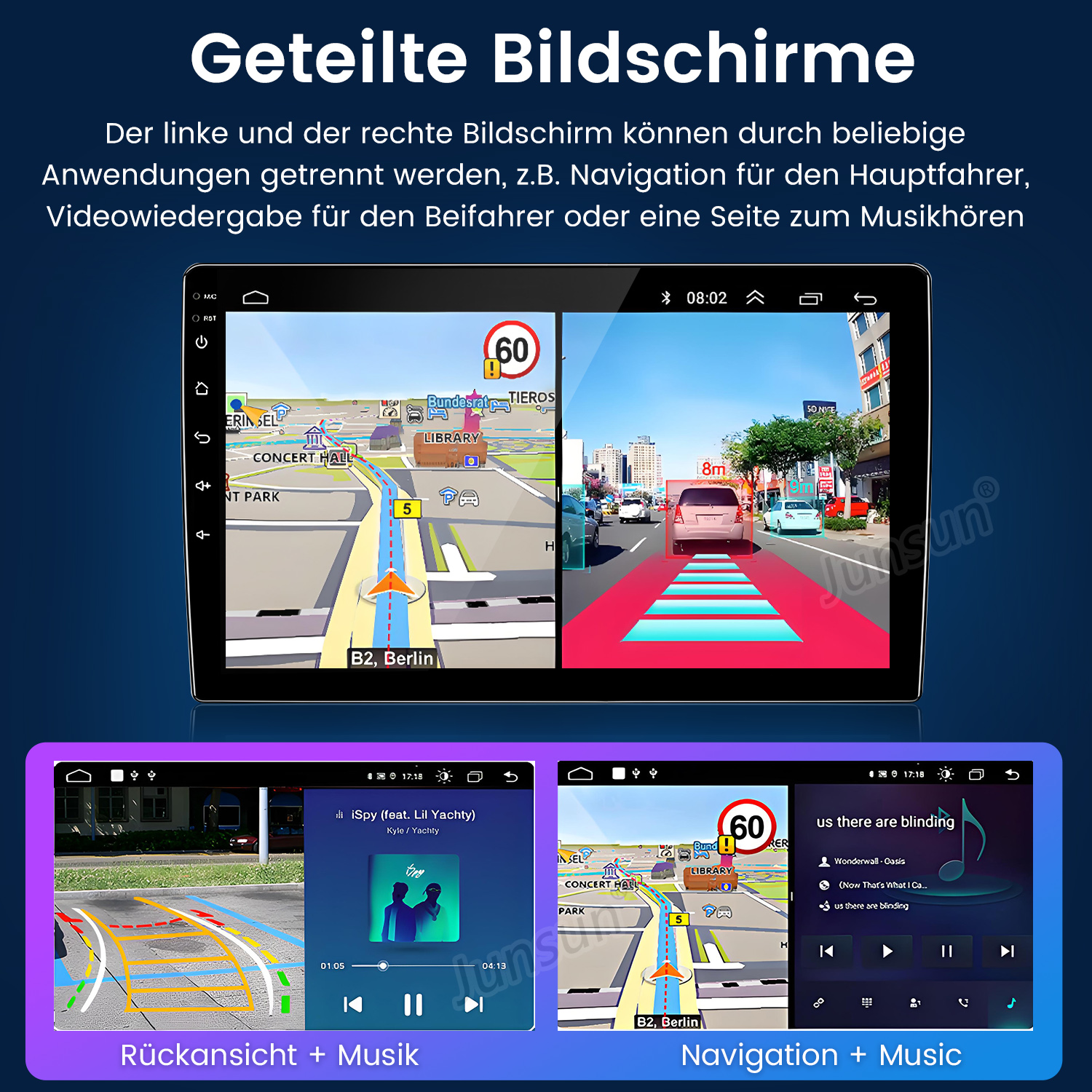 Auto-Infotainment-Bildschirm mit Navigation und Musik in geteilten Ansichten. Der Bildschirm zeigt Karten und Musiksteuerungen.
