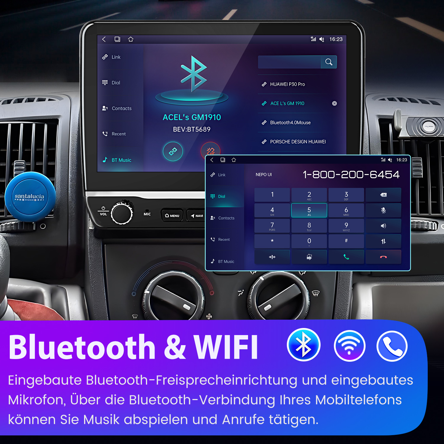 Auto-Armaturenbrett mit Display, das Einstellungen zeigt. Bluetooth & WIFI Text. Telefon- und Wähltasten sichtbar.
