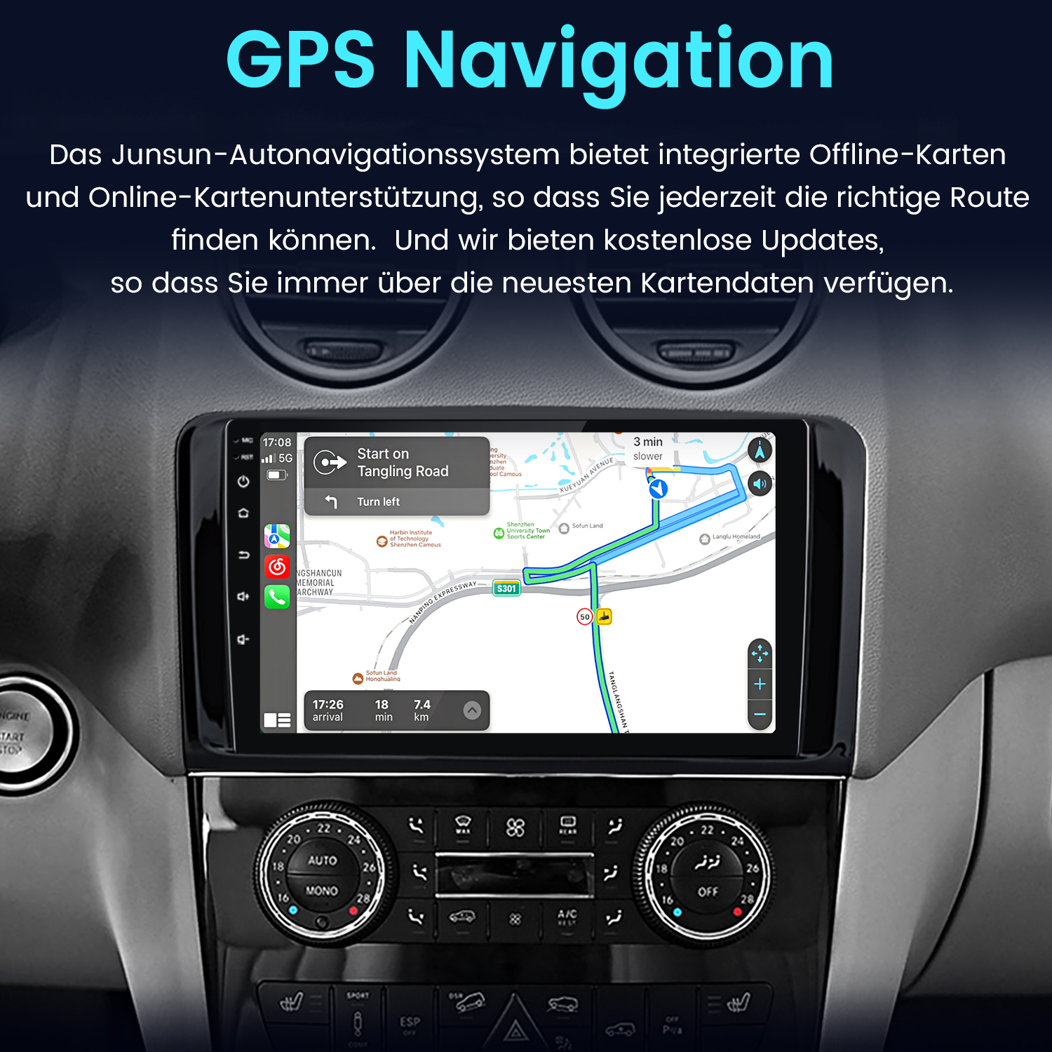 Deska rozdzielcza samochodu z ekranem nawigacji GPS wyświetlającym mapę.