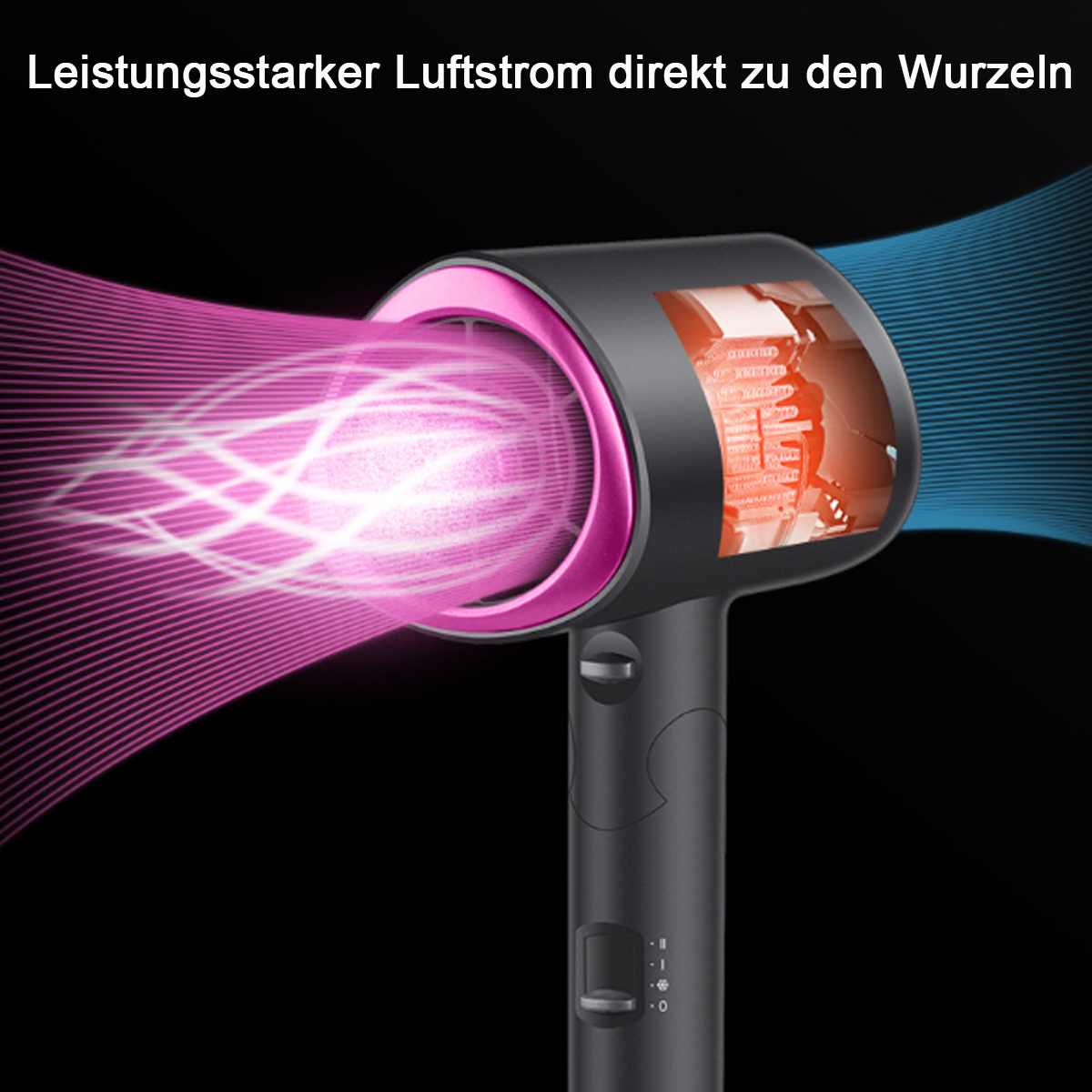 Nahaufnahme eines schwarz-pinkfarbenen Haartrockners mit rosa und blauen Luftströmen auf schwarzem Hintergrund.