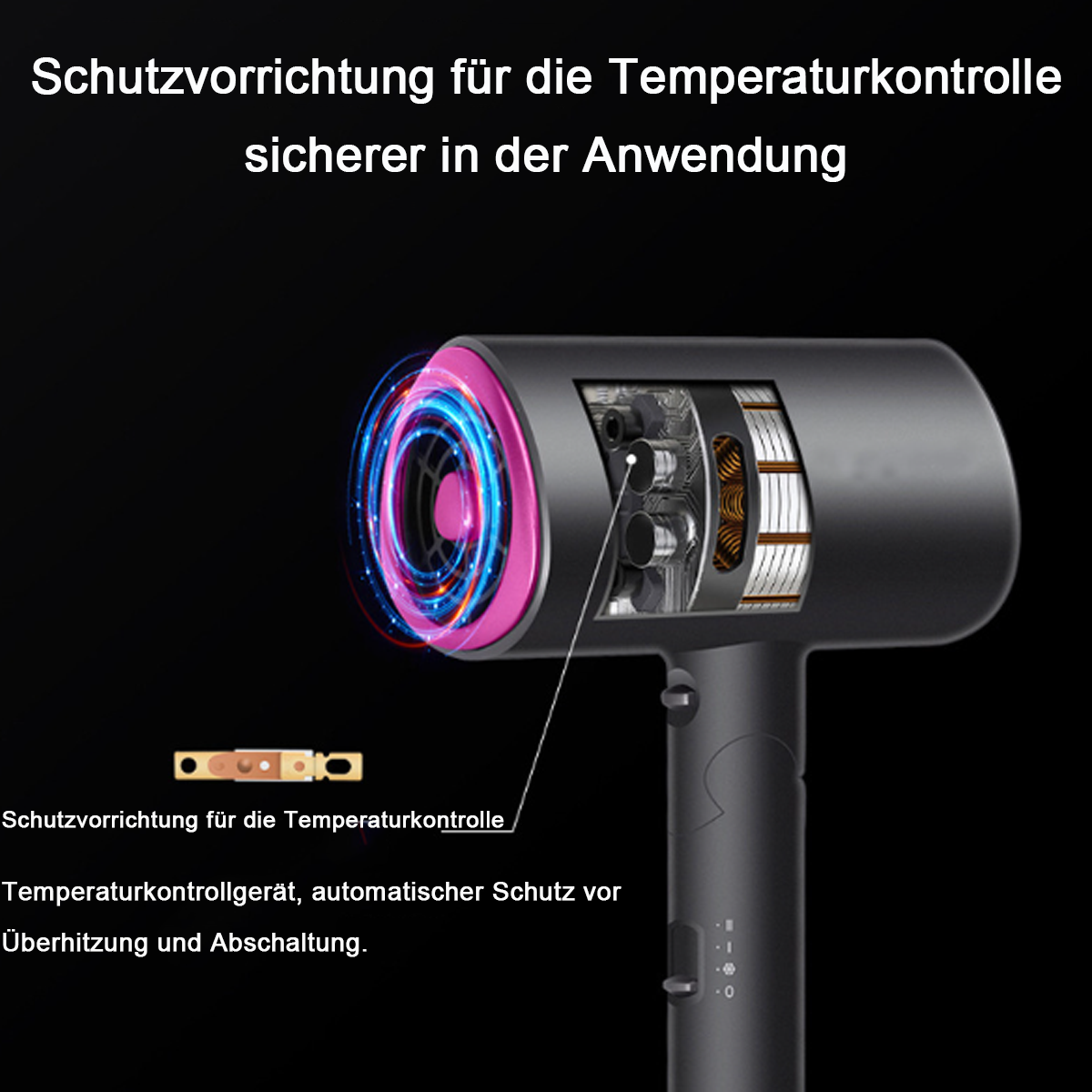 Ein Haartrockner mit sichtbaren Innenteilen. Es zeigt einen rosa Bereich und Text zur Temperaturkontrolle.