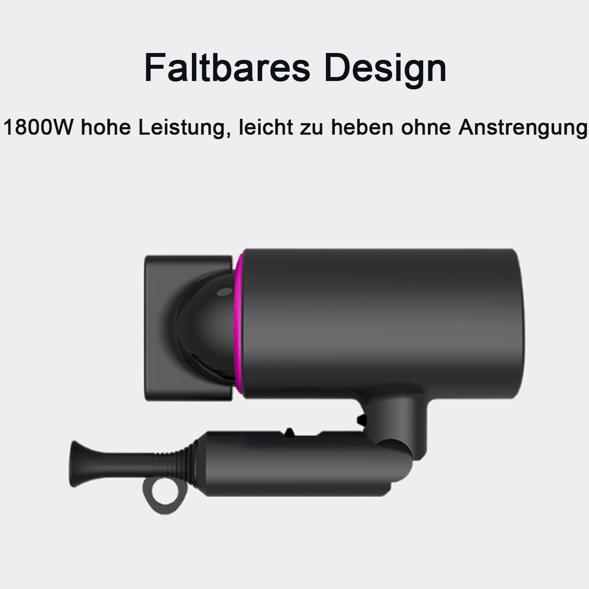 Schwarzer Haartrockner mit rosa Akzent. Text: faltbares Design, 1800W Leistung, leicht zu heben.