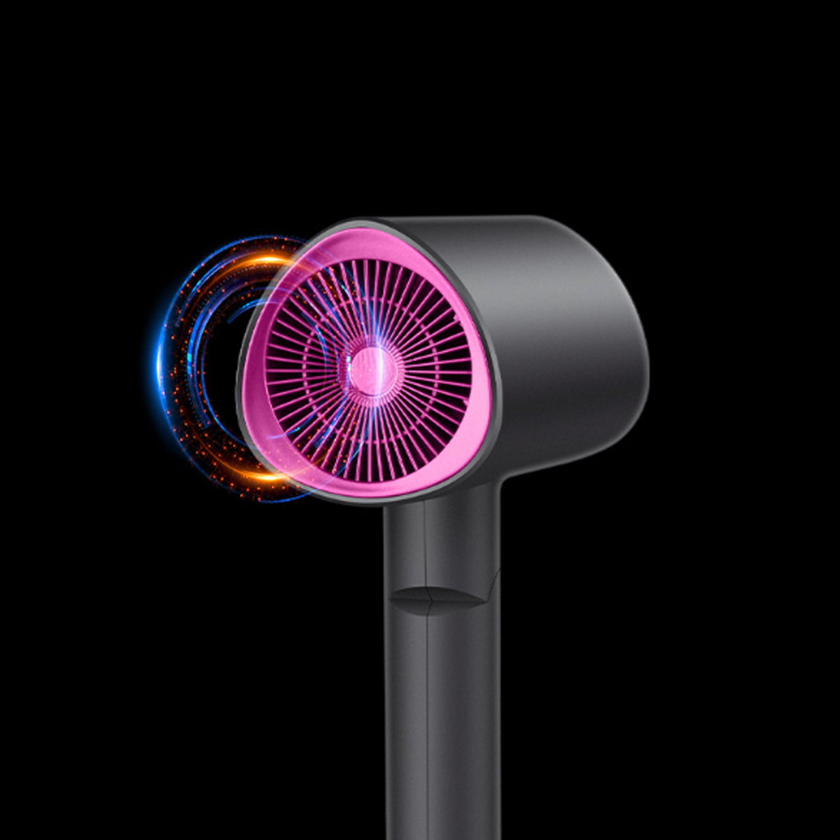 Ein schwarz-rosa Haartrockner mit beleuchtetem Ventilator.