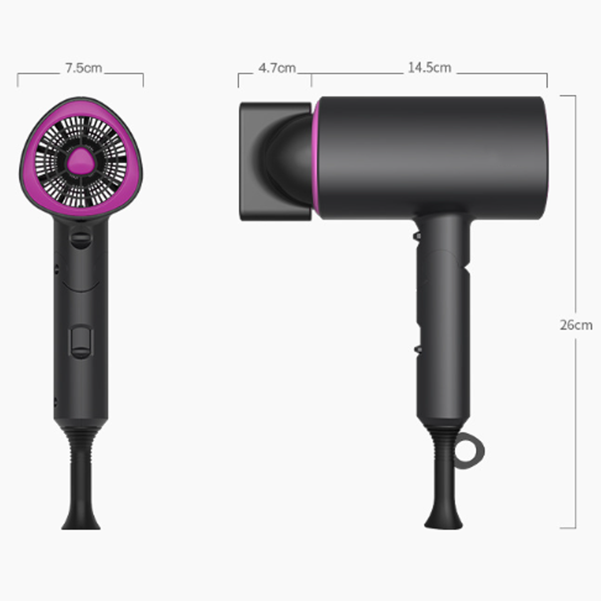 Schwarzer Haartrockner mit rosa Akzenten, Abmessungen: 7,5 cm, 4,7 cm, 14,5 cm und 26 cm.