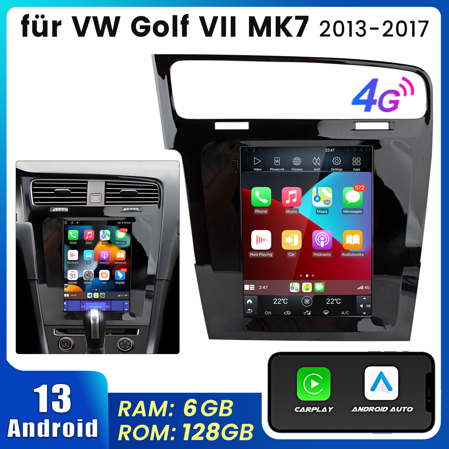 Ekran radia samochodowego z telefonem i aplikacjami oraz telefonem po lewej stronie. Radio mówi 'für VW Golf VII MK7'.