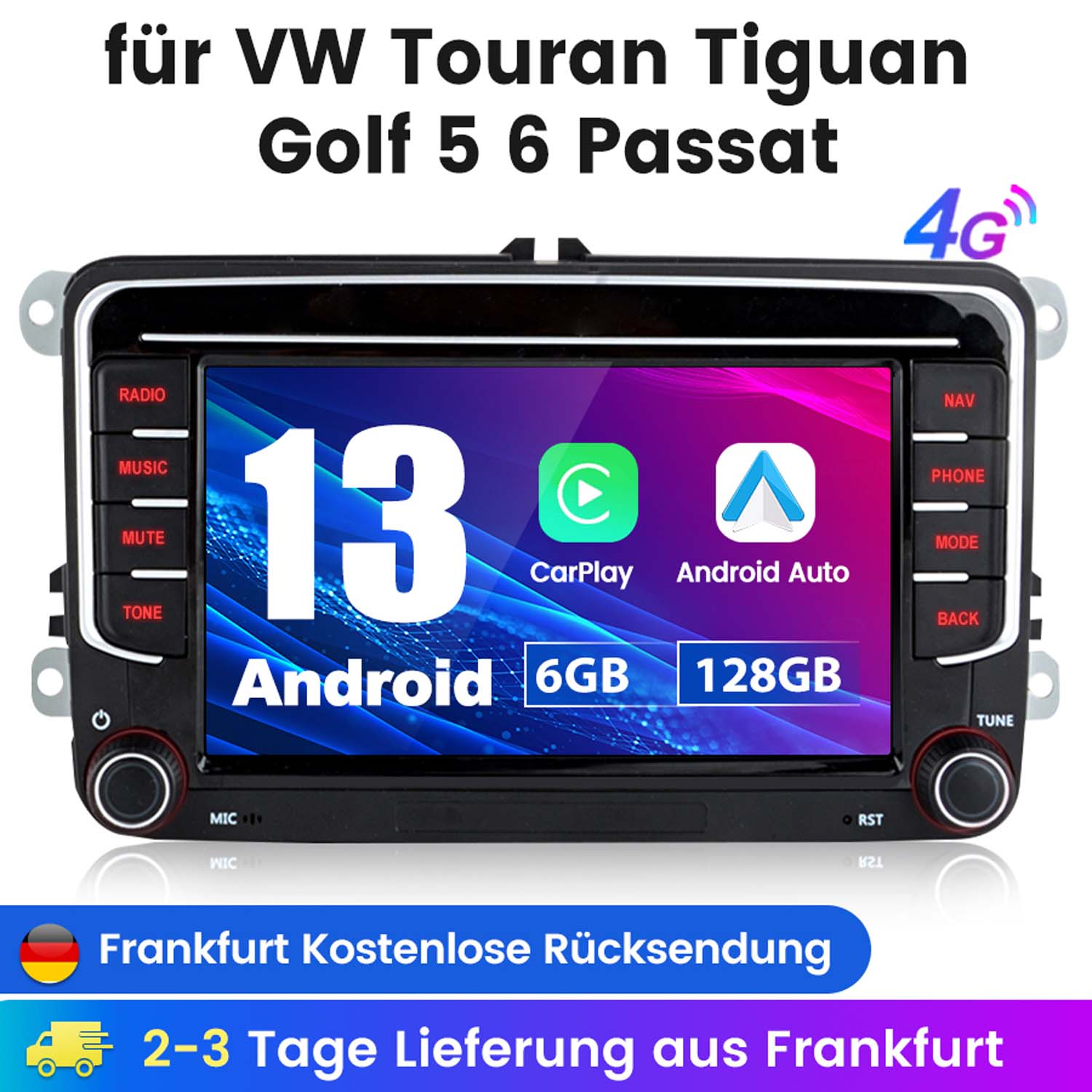 Radio samochodowe z ekranem dotykowym, przyciskami i informacjami o CarPlay i Android Auto. Białe tło.
