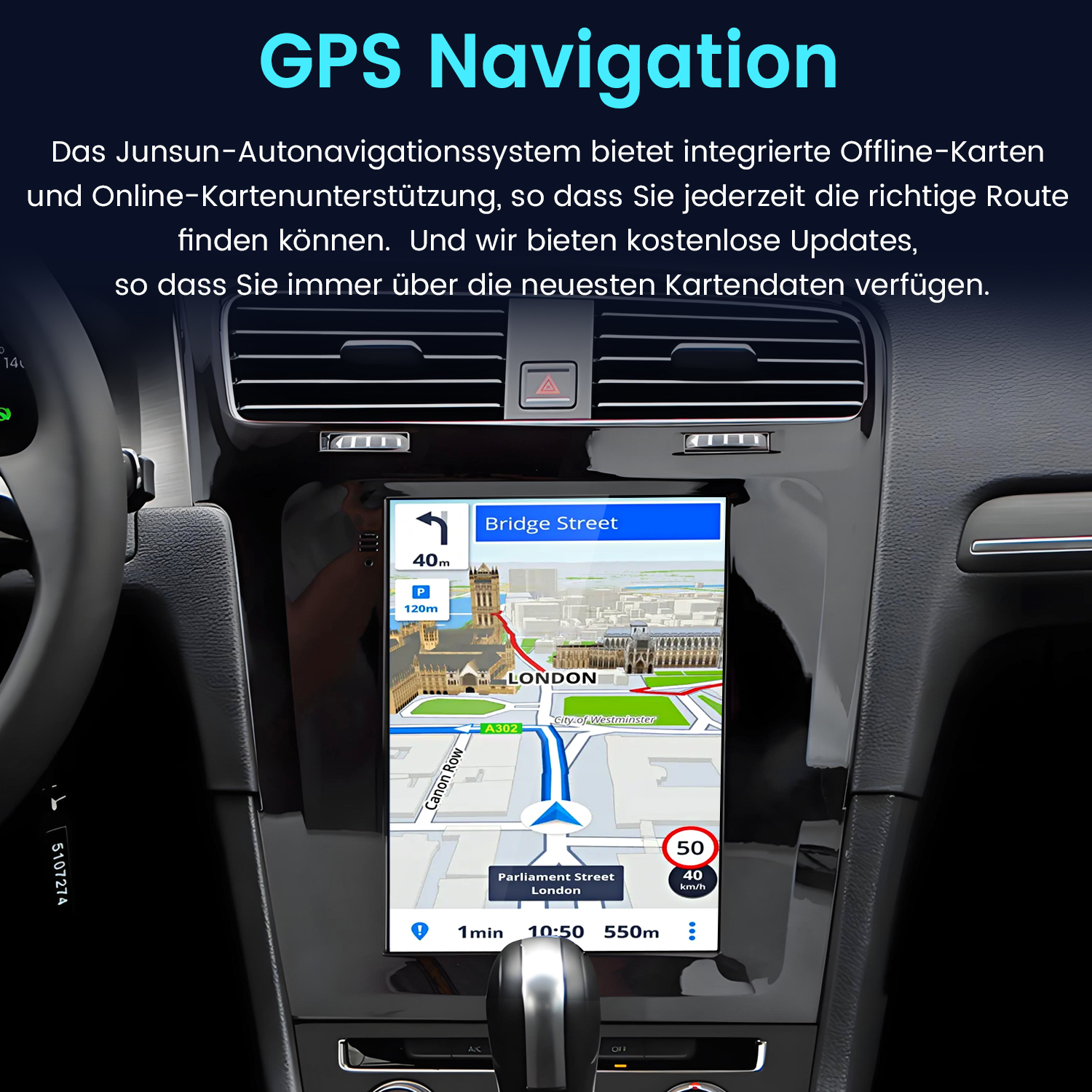 Deska rozdzielcza samochodu z ekranem nawigacji GPS pokazującym mapę i wskazówki dojazdu.