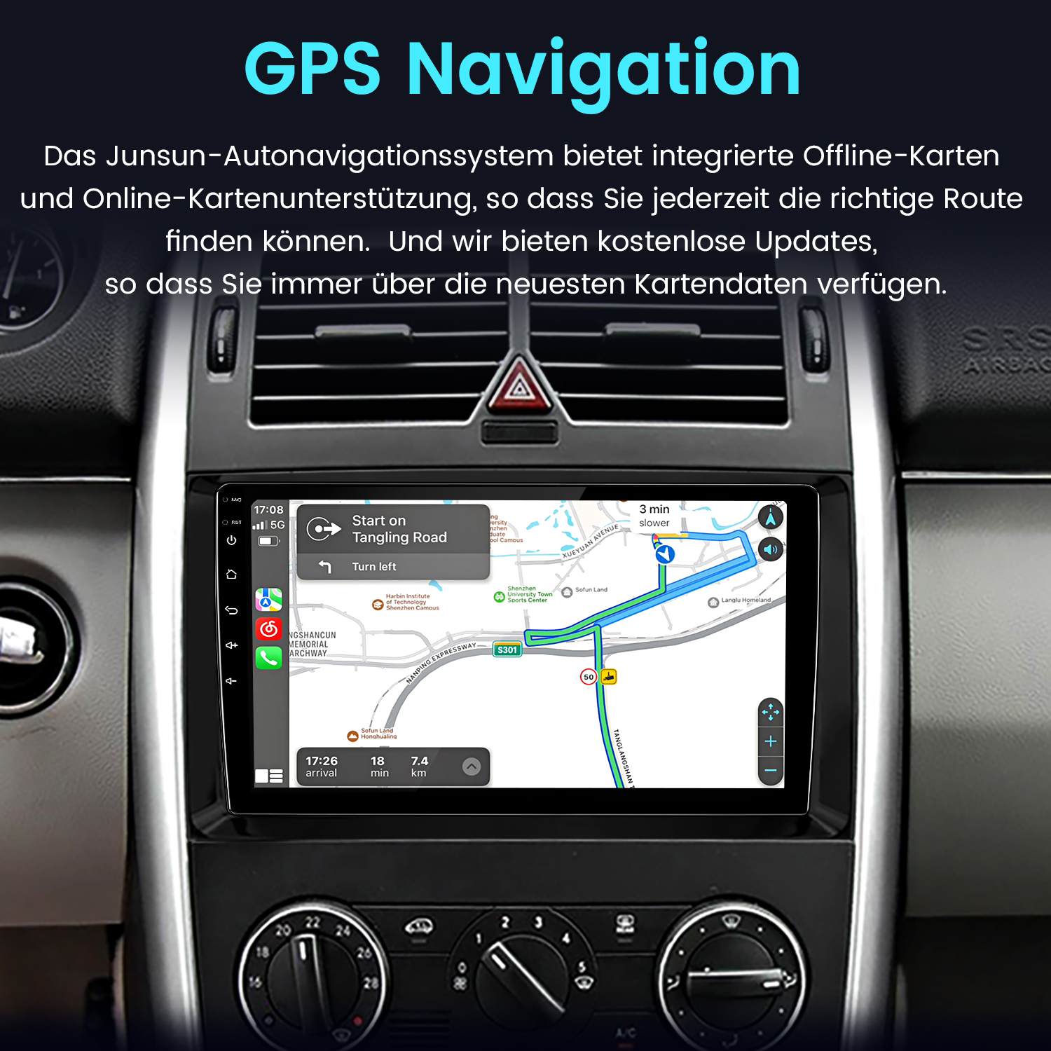 Ekran systemu nawigacji samochodowej. Mapa z trasą GPS na desce rozdzielczej.