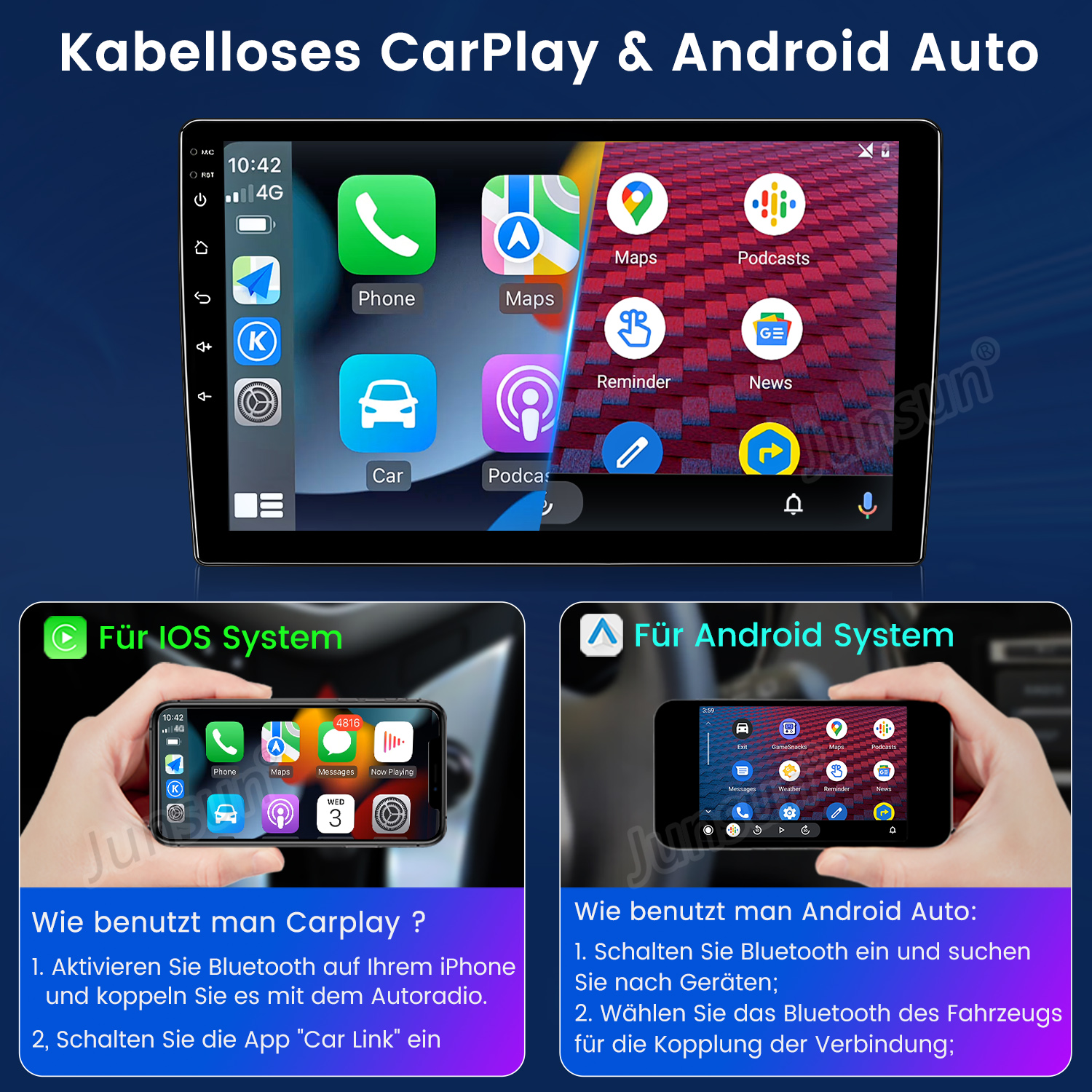Ekran radia samochodowego z ikonami aplikacji, z instrukcjami dla Apple CarPlay i Android Auto.