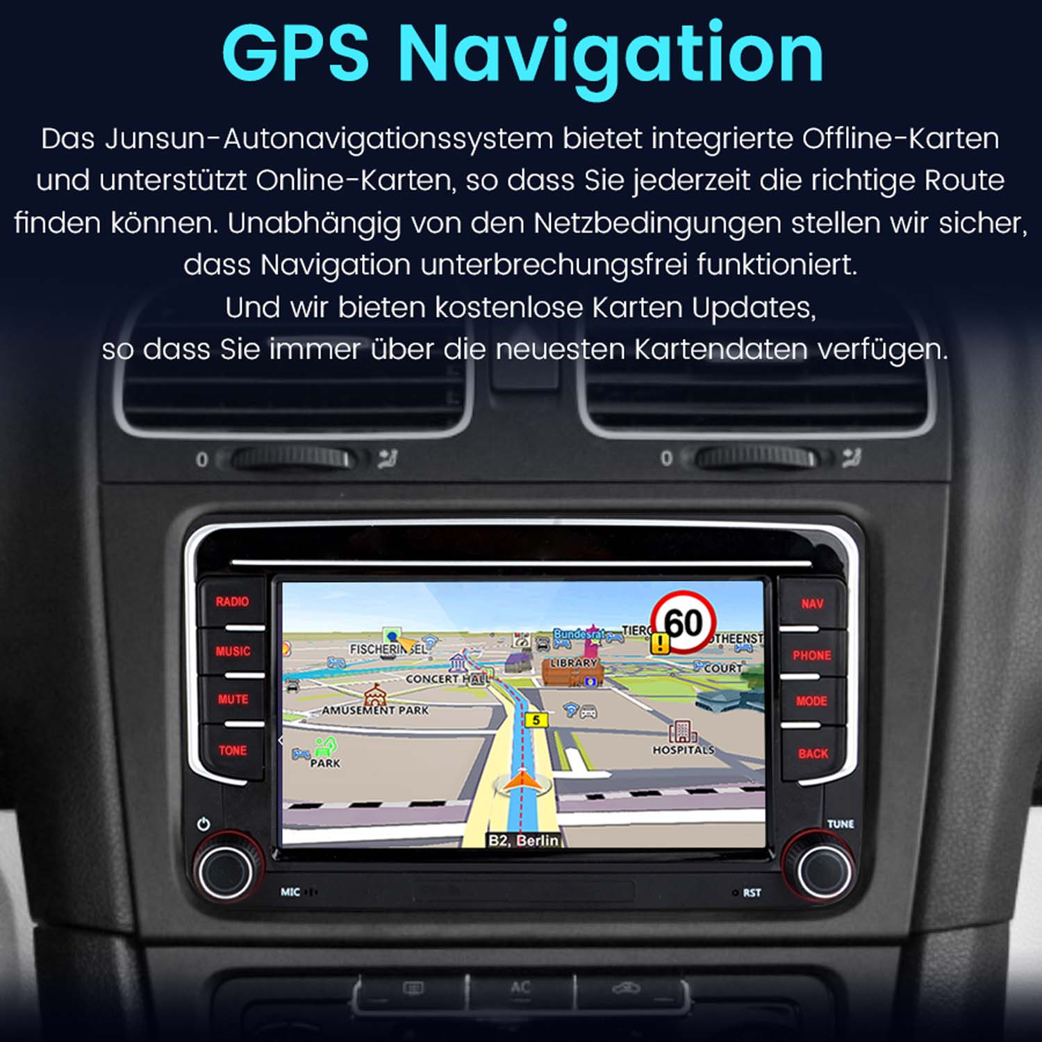 Deska rozdzielcza samochodu z ekranem nawigacji GPS. Ekran wyświetla mapę z trasą i informacjami nawigacyjnymi.