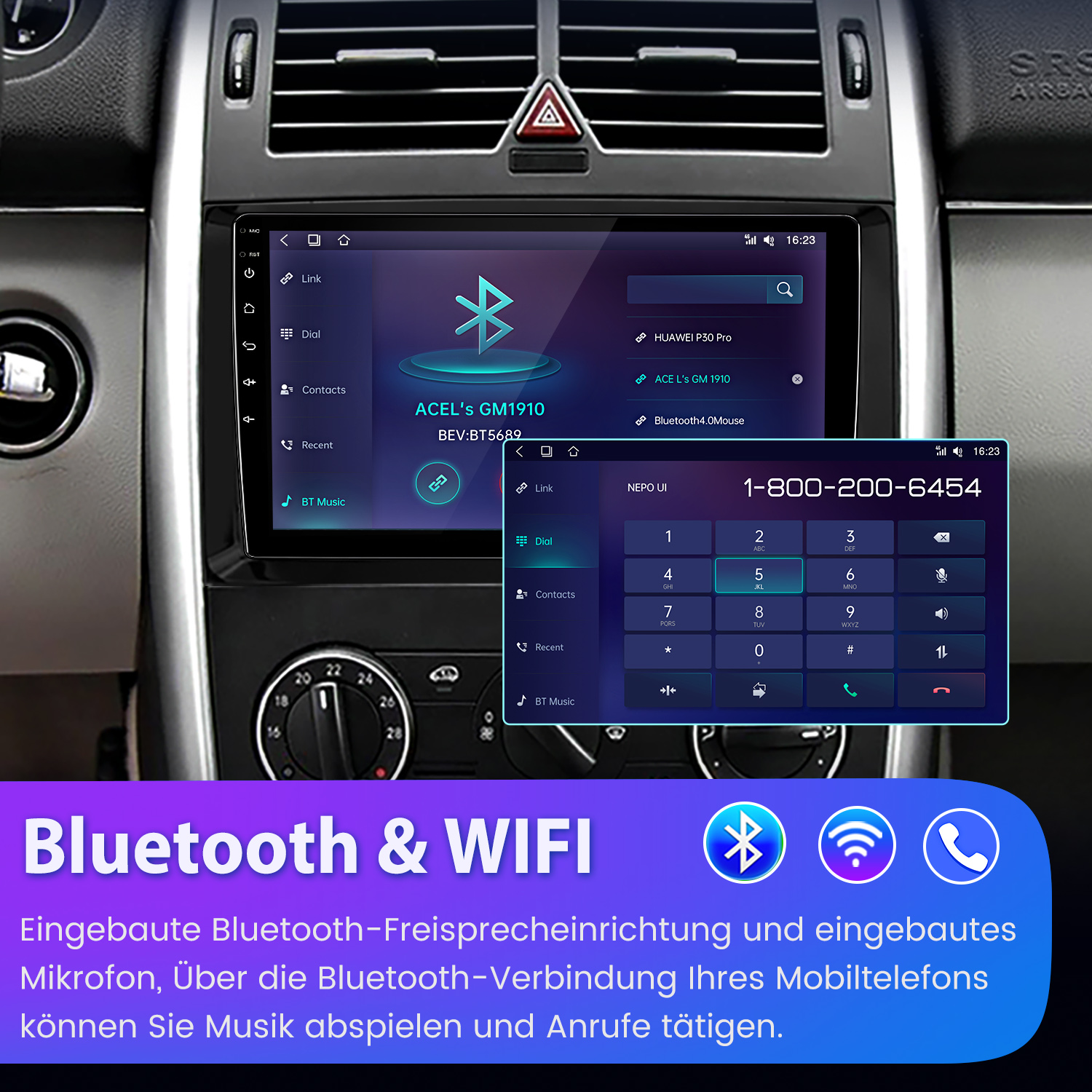 Interfejs systemu multimedialnego samochodu pokazujący połączenie Bluetooth i WiFi z telefonem.