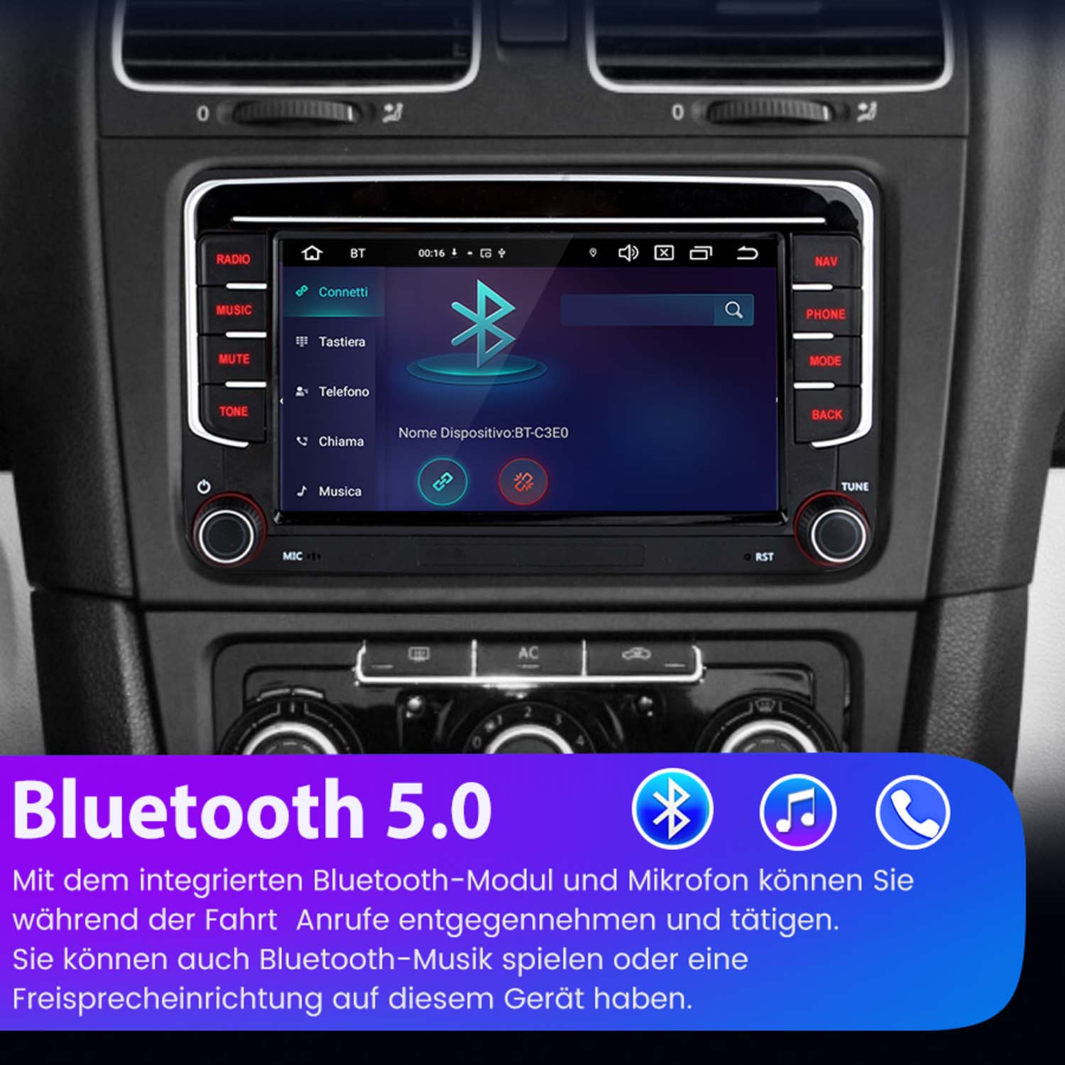 Interfejs radia samochodowego pokazujący ustawienia Bluetooth. Posiada przyciski i niebieski symbol Bluetooth.