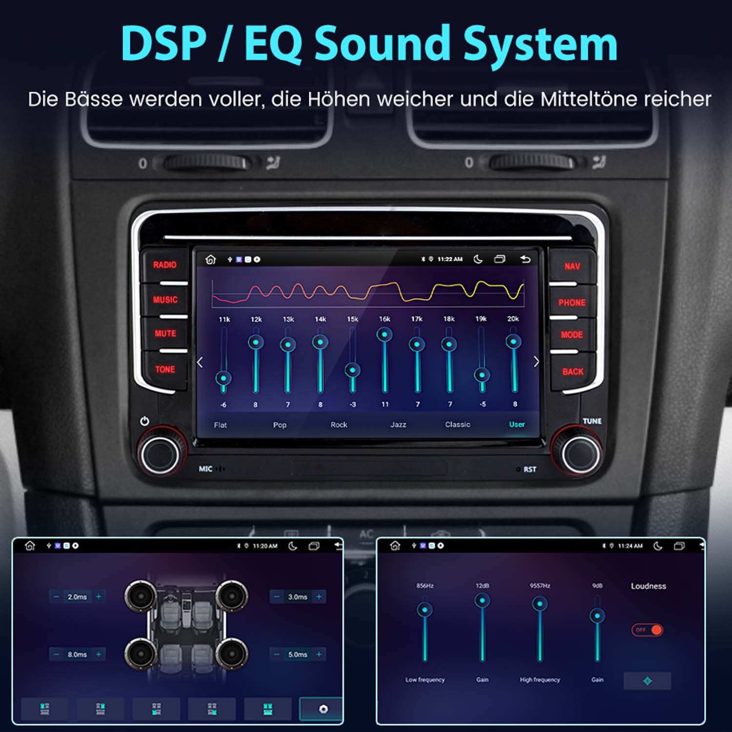 Eine Autosound-System-Schnittstelle. Es hat Tasten für Radio, Musik, Stummschaltung, Ton und Modus.