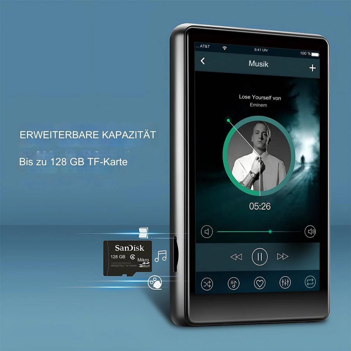 Schwarzer MP3-Player mit Songinfo-Anzeige. Speicherkarte und Kopfhörer daneben.