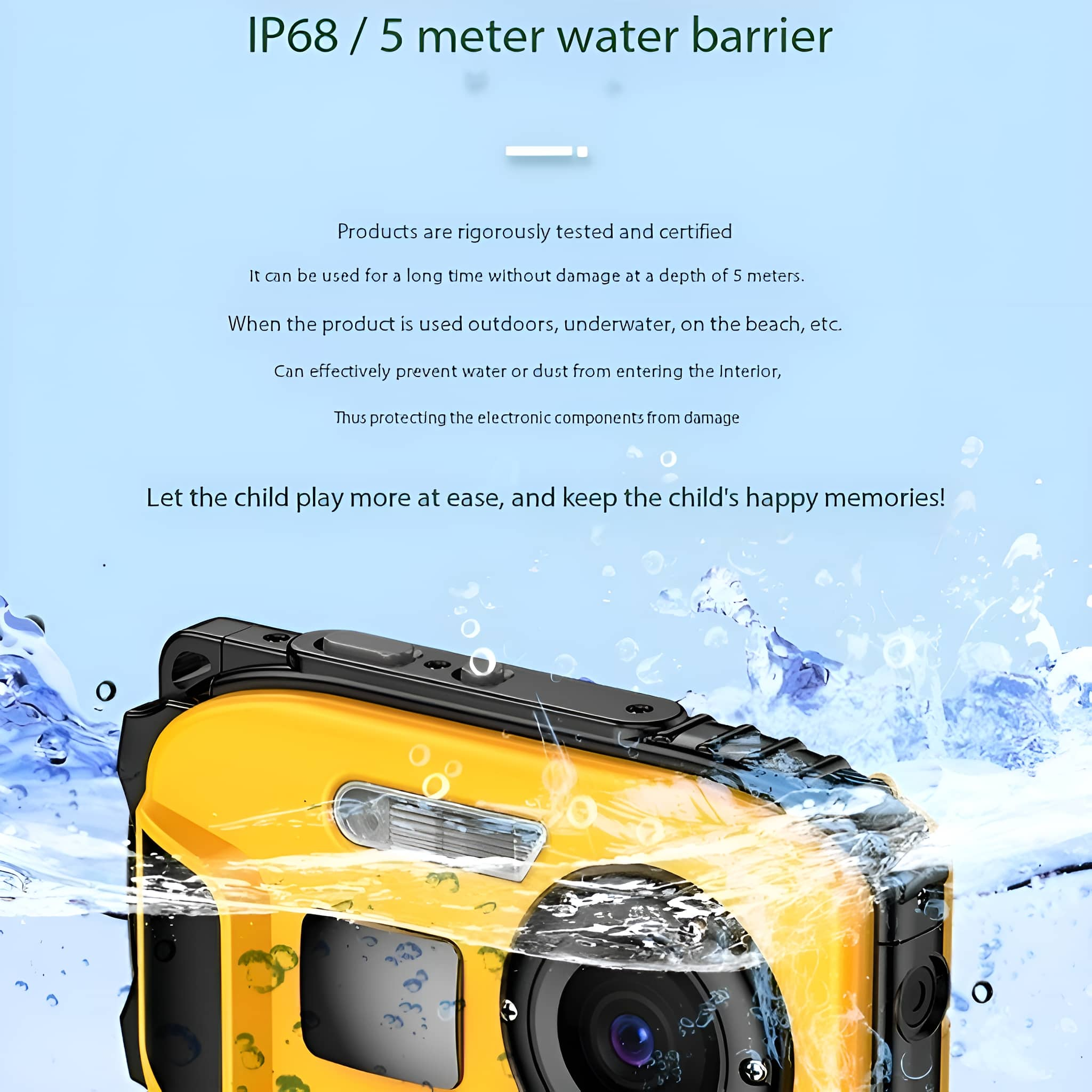 Gelbe wasserdichte Kamera im Wasser. Text: IP68 / 5 Meter Wasserbarriere. Text über Produktsicherheit.