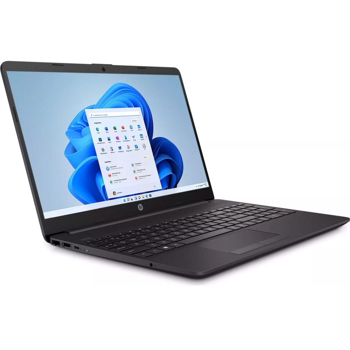 Geöffneter Laptop mit blauem Blumengrund auf dem Bildschirm.