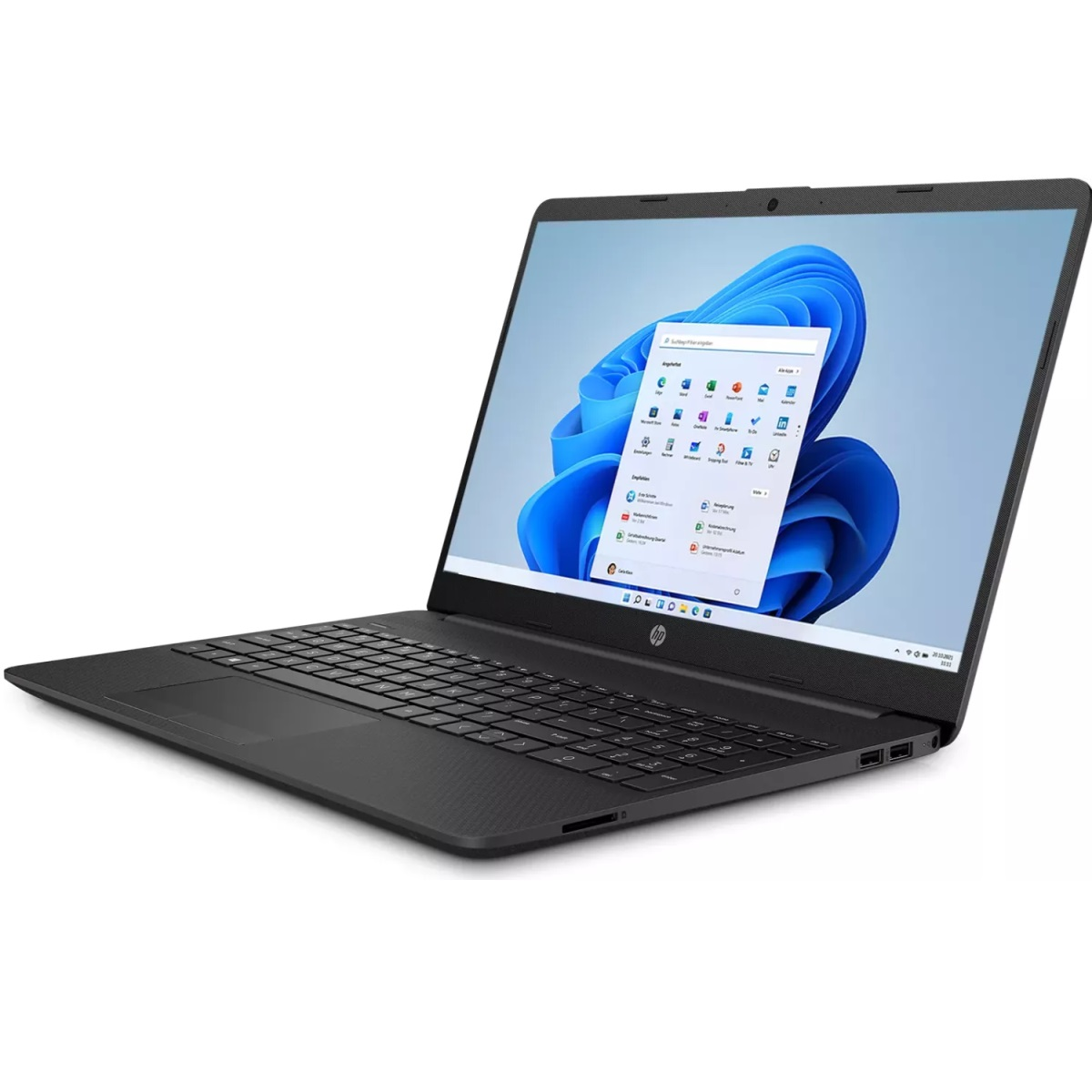 Ein schwarzer Laptop auf einer weißen Oberfläche mit einem Windows-Bildschirm.