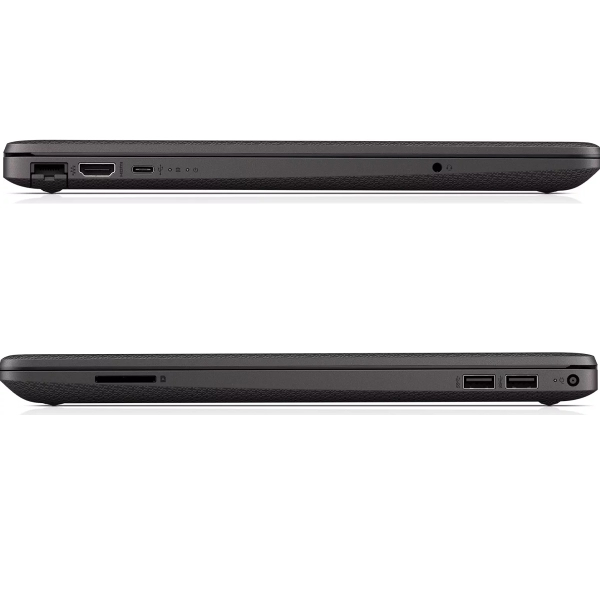 Zwei Seitenansichten von Laptops. Schwarze Farbe. Detail von Anschlüssen und Belüftung.