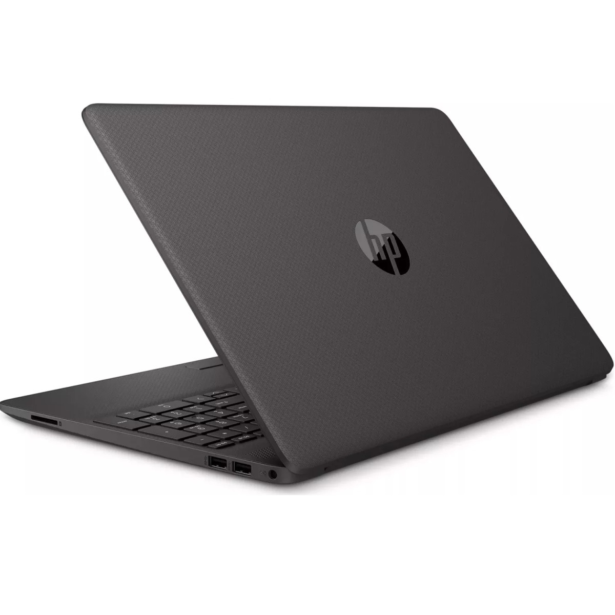 Dunkelgrauer HP-Laptop, leicht geöffnet, zeigt Tastatur und HP-Logo auf dem Deckel.