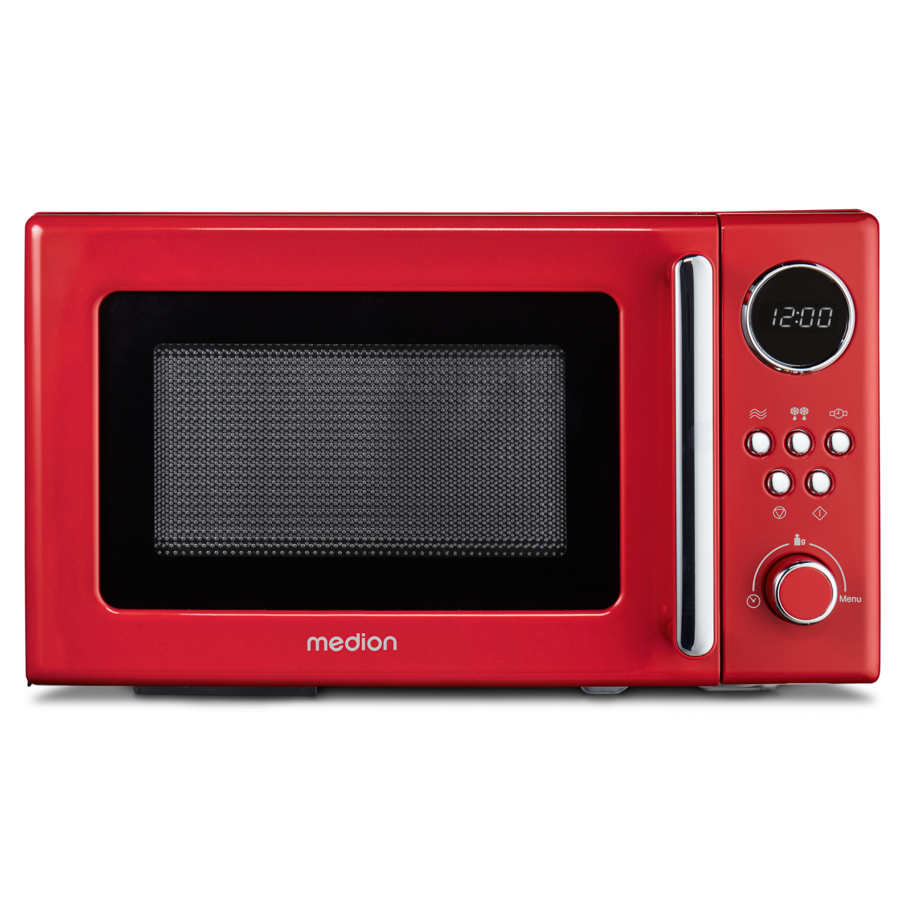 Czerwona kuchenka mikrofalowa. Zamknięte drzwi. Panel sterowania po prawej stronie.
