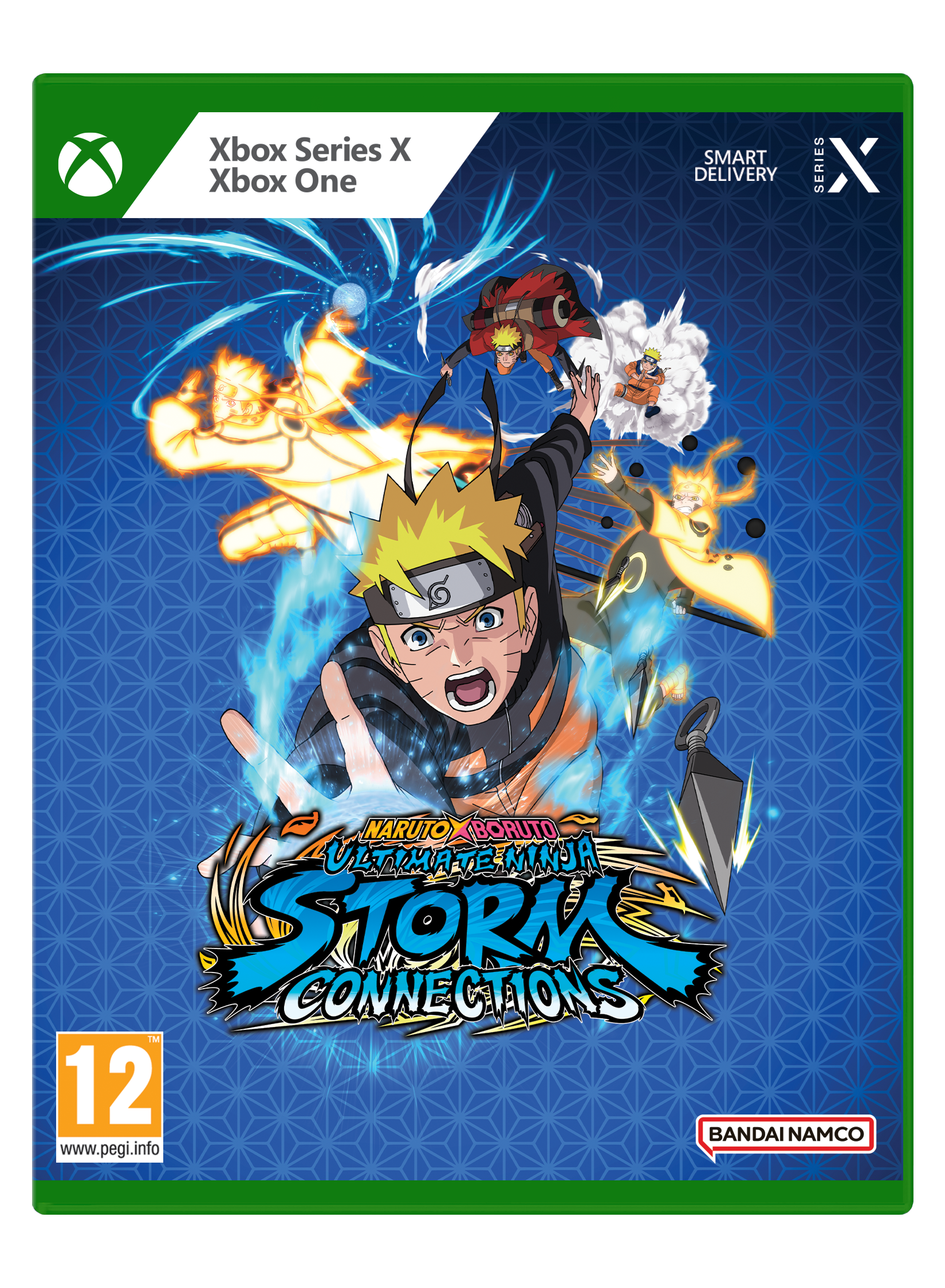 Pudełko gry Xbox Series X dla gry wideo Naruto. Naruto jest w centrum. Tytuł gry to 'Ultimate Ninja Storm Connections'.