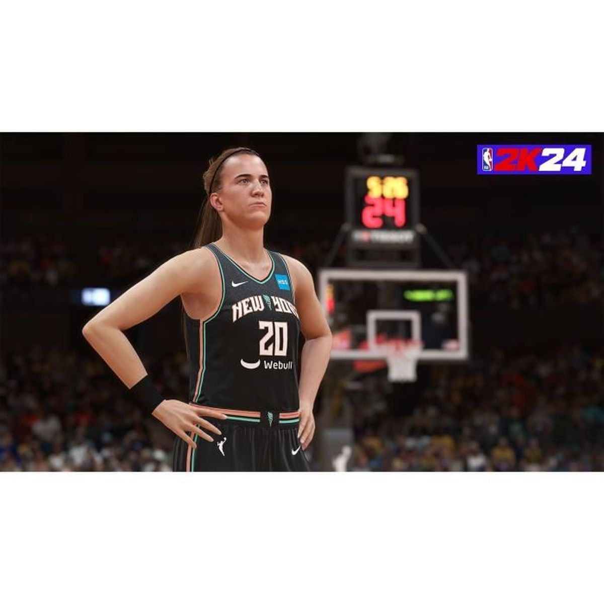 Een basketballer in een zwart shirt met 'NEW YORK' en nummer '20' op het veld.